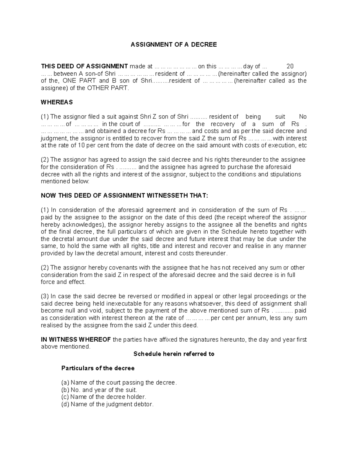 Assignment OF A Decree - ASSIGNMENT OF A DECREE THIS DEED OF ASSIGNMENT ...