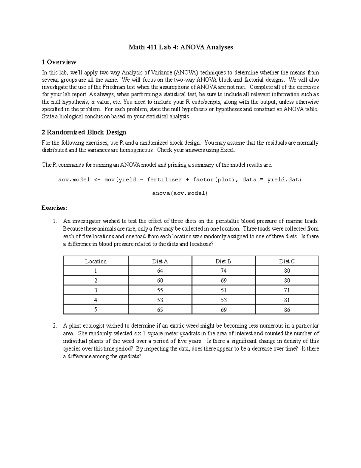 Math 411 Lab 4: Overview of ANOVA Techniques and Applications - Studocu