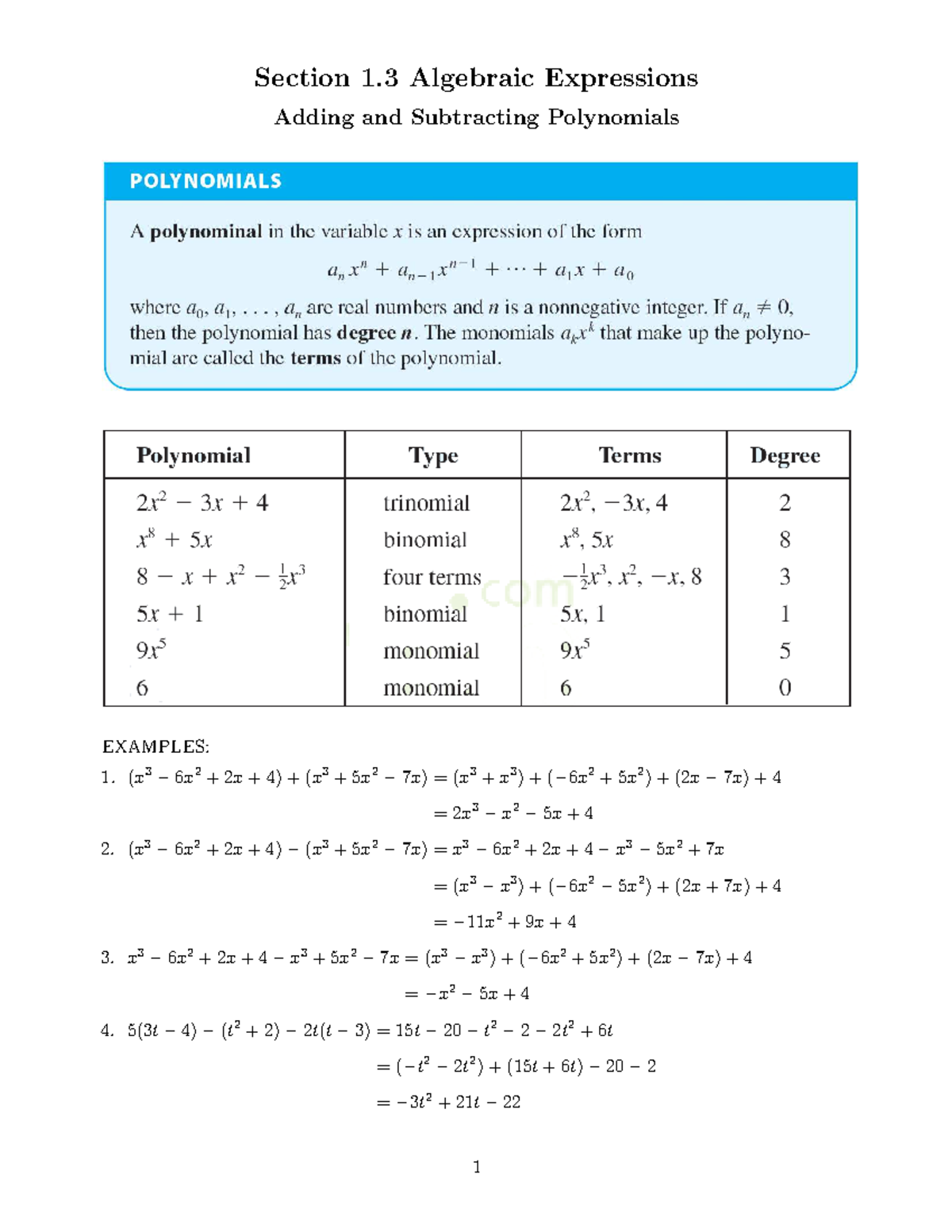College Algebra Practice - Section 1 Algebraic Expressions Adding and ...