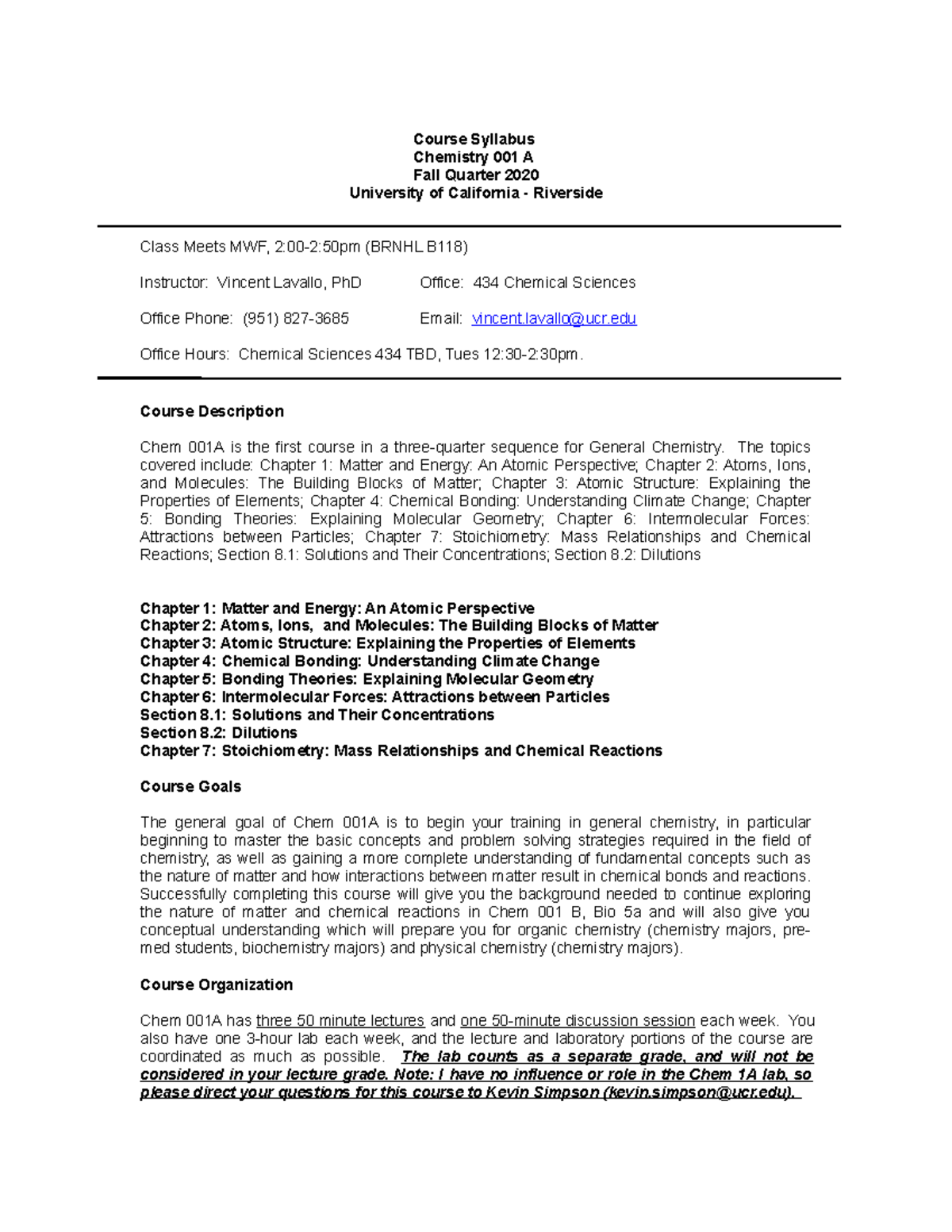 Chem 001A Fall 2020 Course Syllabus and Important Info - Studocu