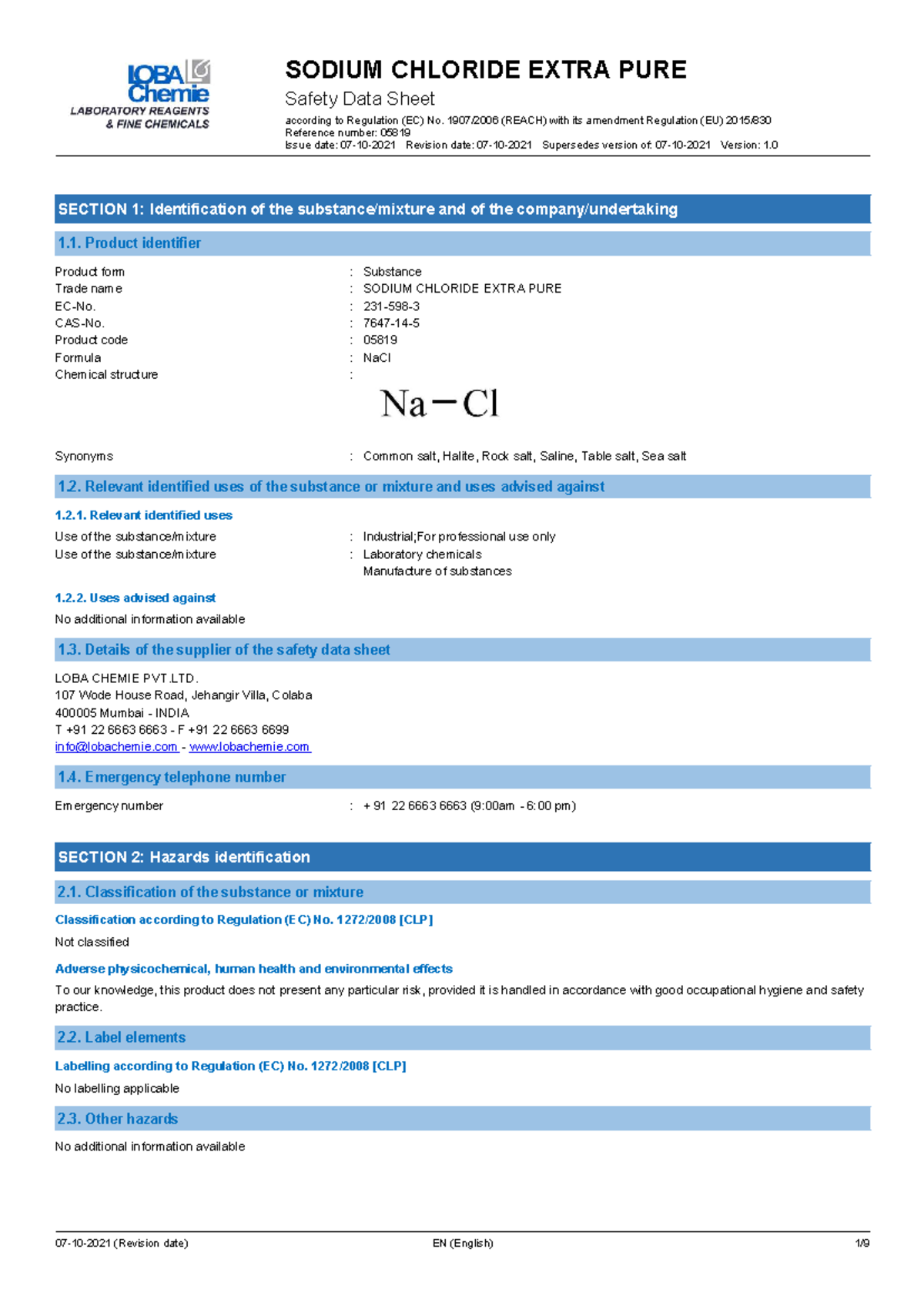SODIUM CHLORIDE EXTRA PURE MSDS (CAS No. 7647-14-0) EN - Studocu