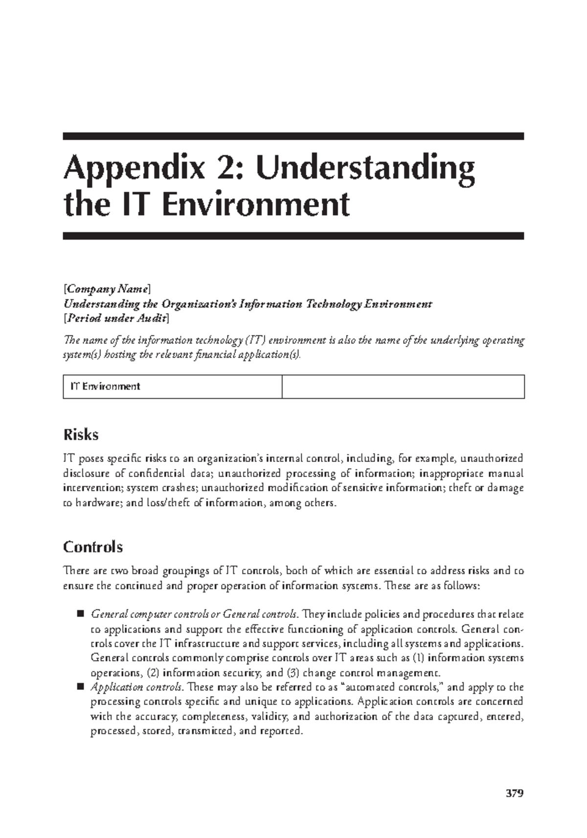 IT Control and Audit Appendix 2-Understanding the IT Environment ...