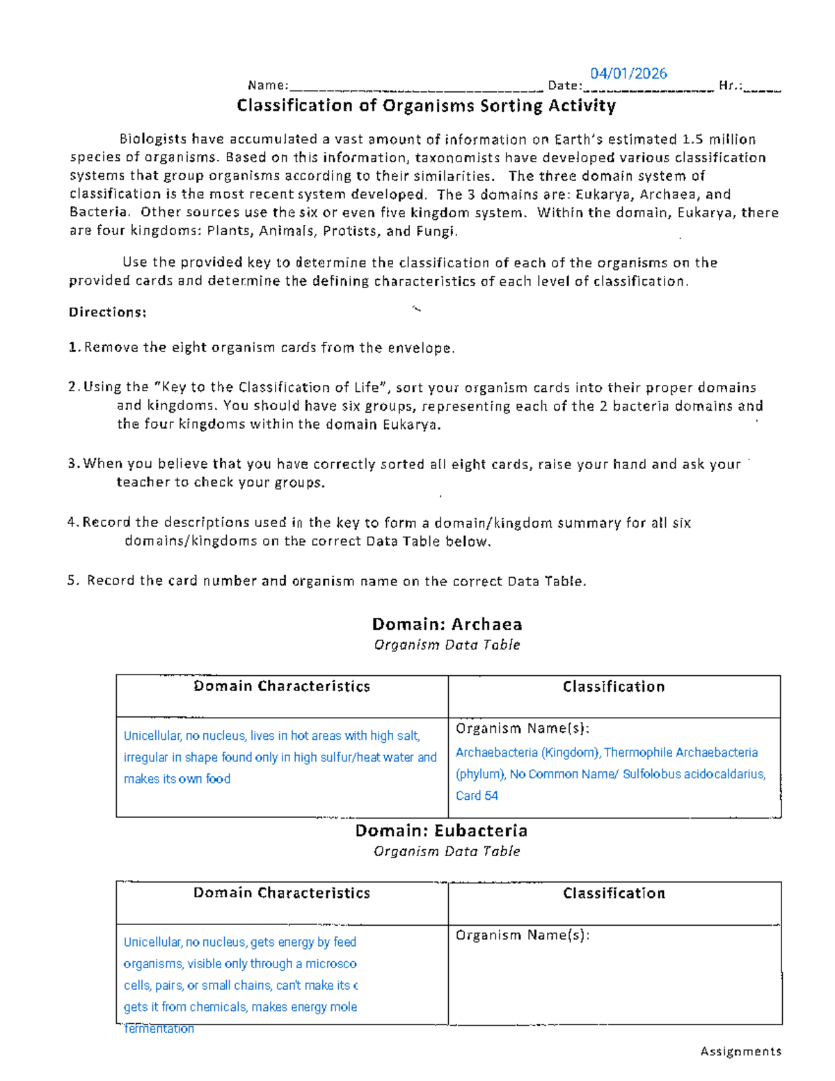 BIO 101: Classification of Organisms Sorting Activity 2025 - Studocu