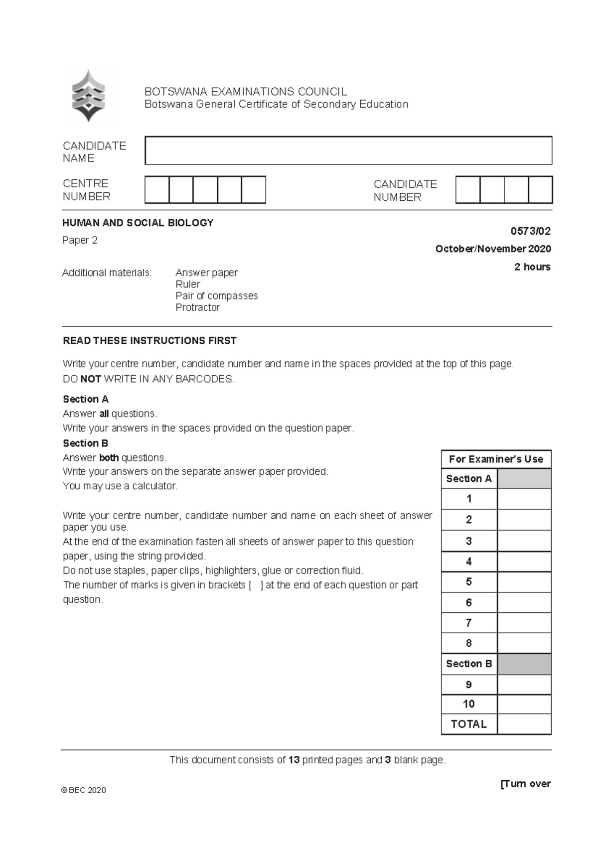 HSB BGCSE Paper 2 2020 - Question Paper - Studocu