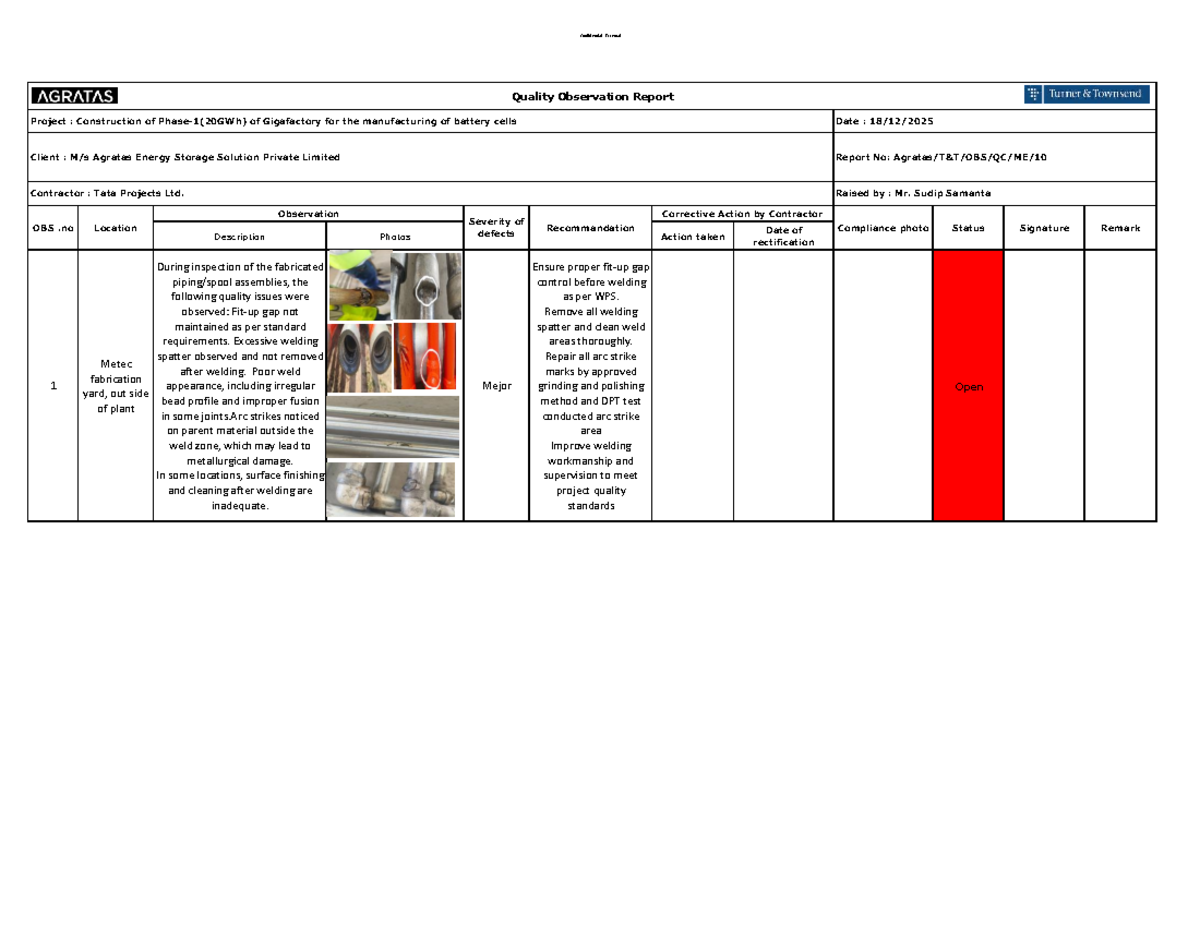 Quality Observation Report-10: Gigafactory Construction Issues - Studocu