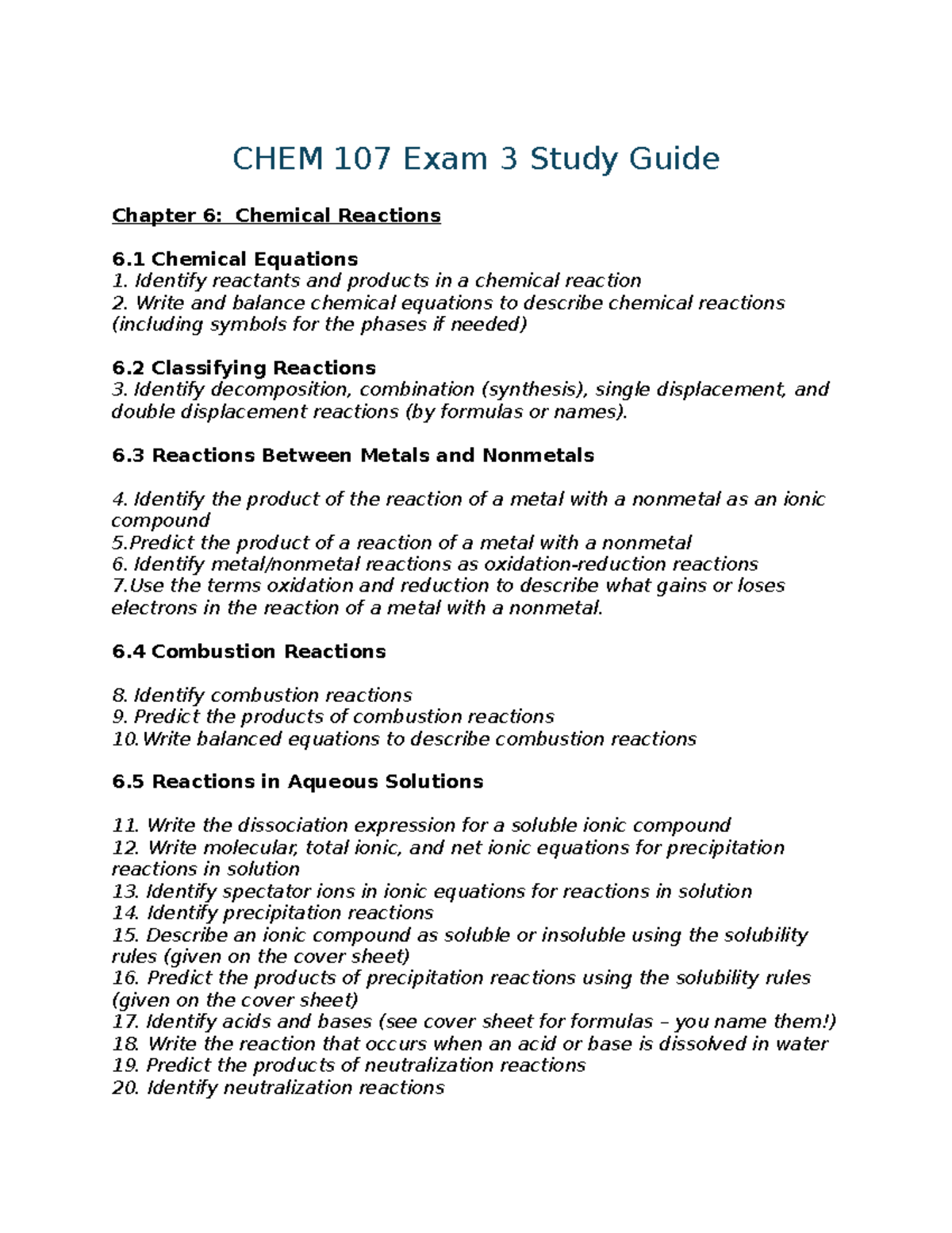 CHEM 107 Exam 3 Study Guide: Chemical Reactions & Stoichiometry - Studocu