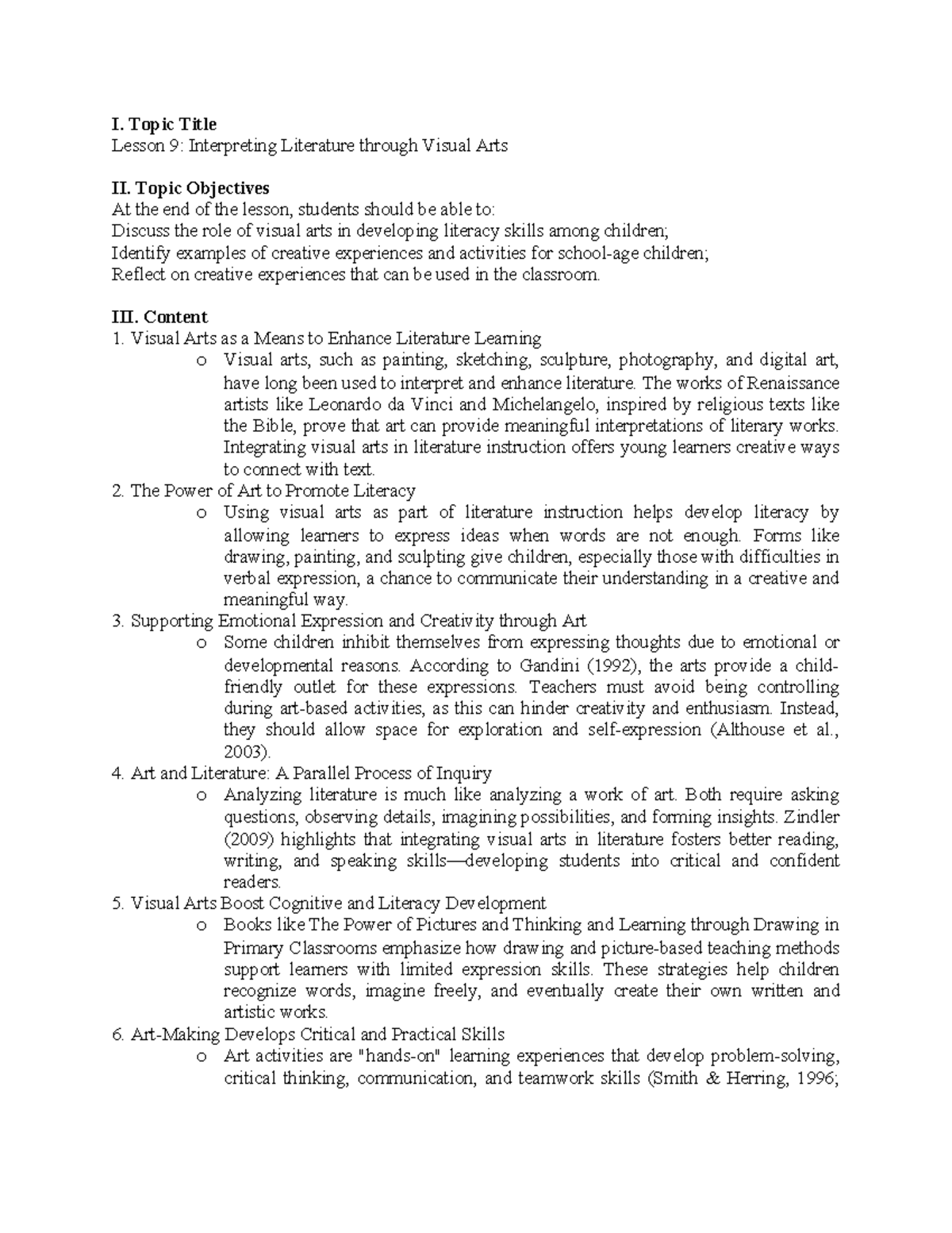 ENG 101 Lesson 9: Enhancing Literacy through Visual Arts - Studocu