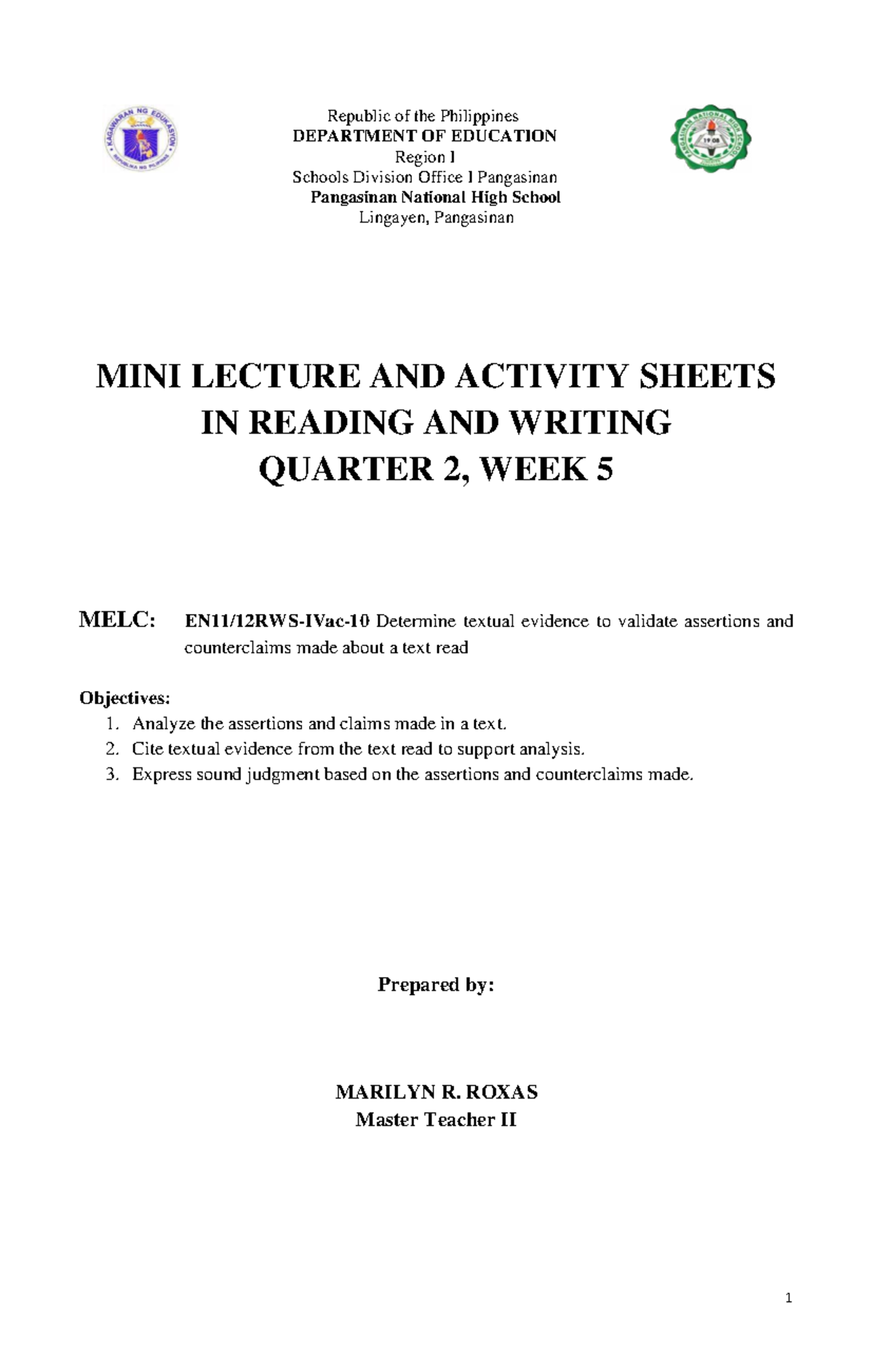QTR-2 WEEK-5 Mini Lecture & Activity Sheets: Textual Evidence in ...