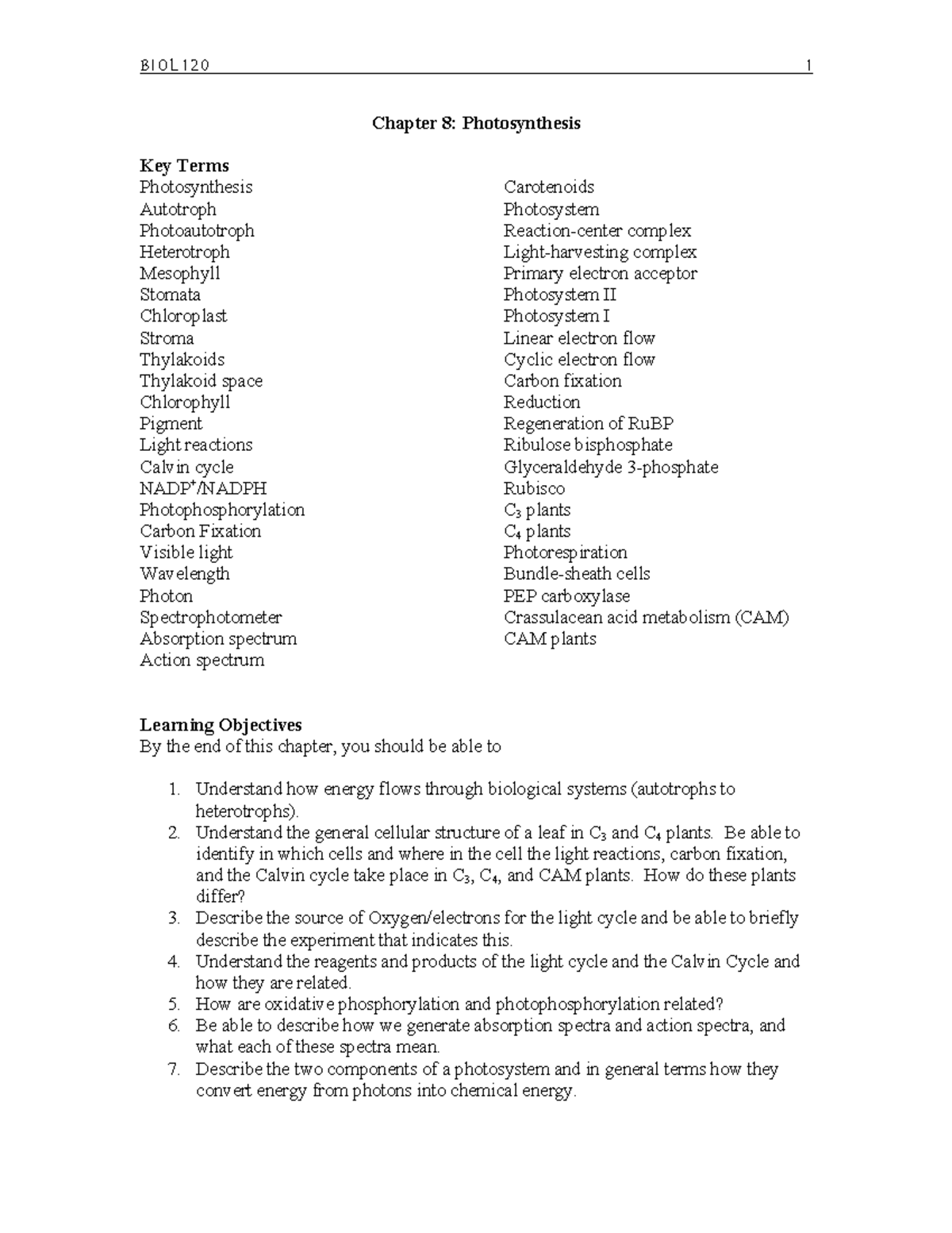 Biol 120 Chapter 8: Overview of Photosynthesis Concepts and Terms - Studocu