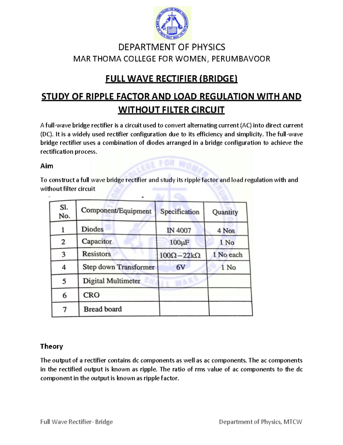 FULL WAVE Rectifier Bridge: Ripple Factor & Load Regulation Study - Studocu