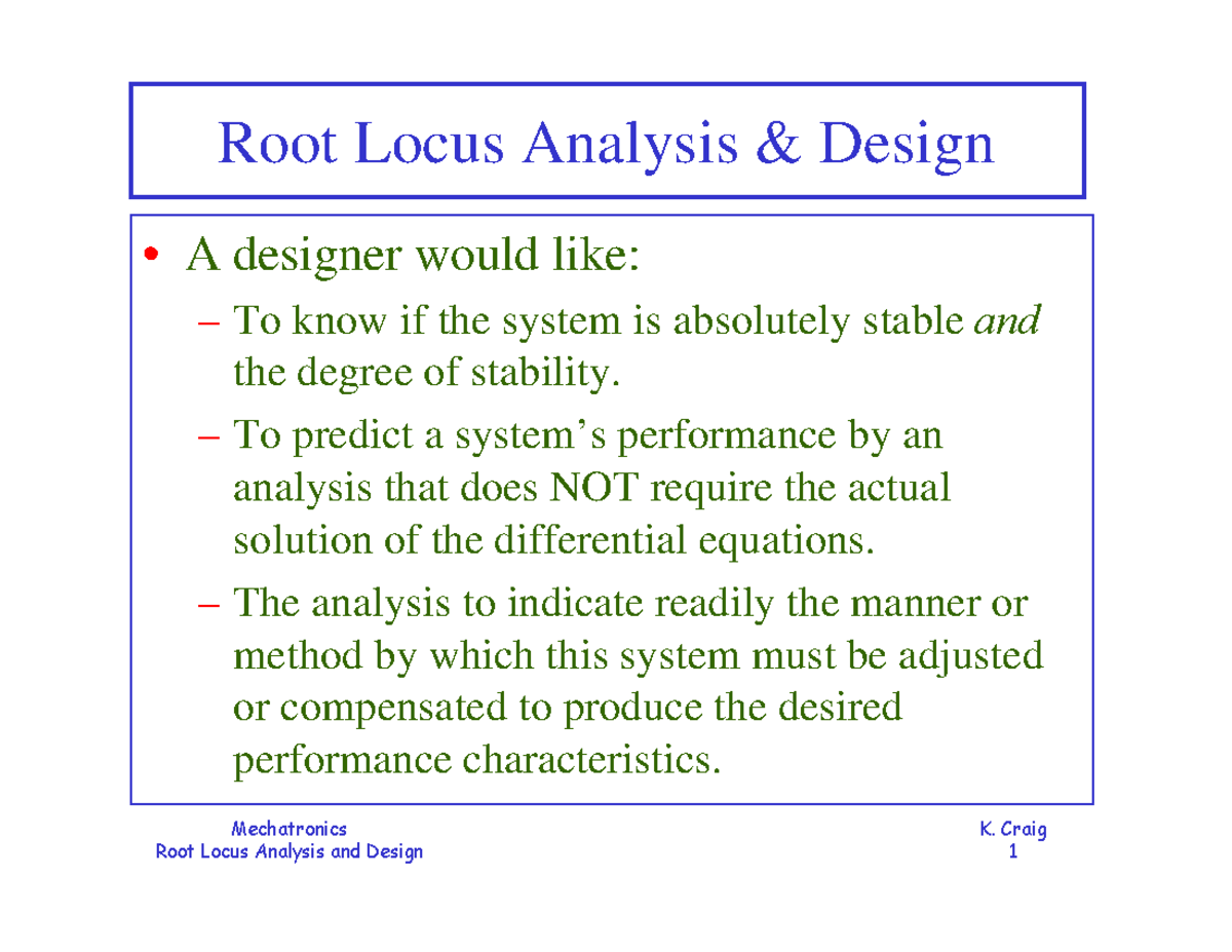 RLocus Analysis Design - Mechatronics K. Craig Root Locus Analysis ...