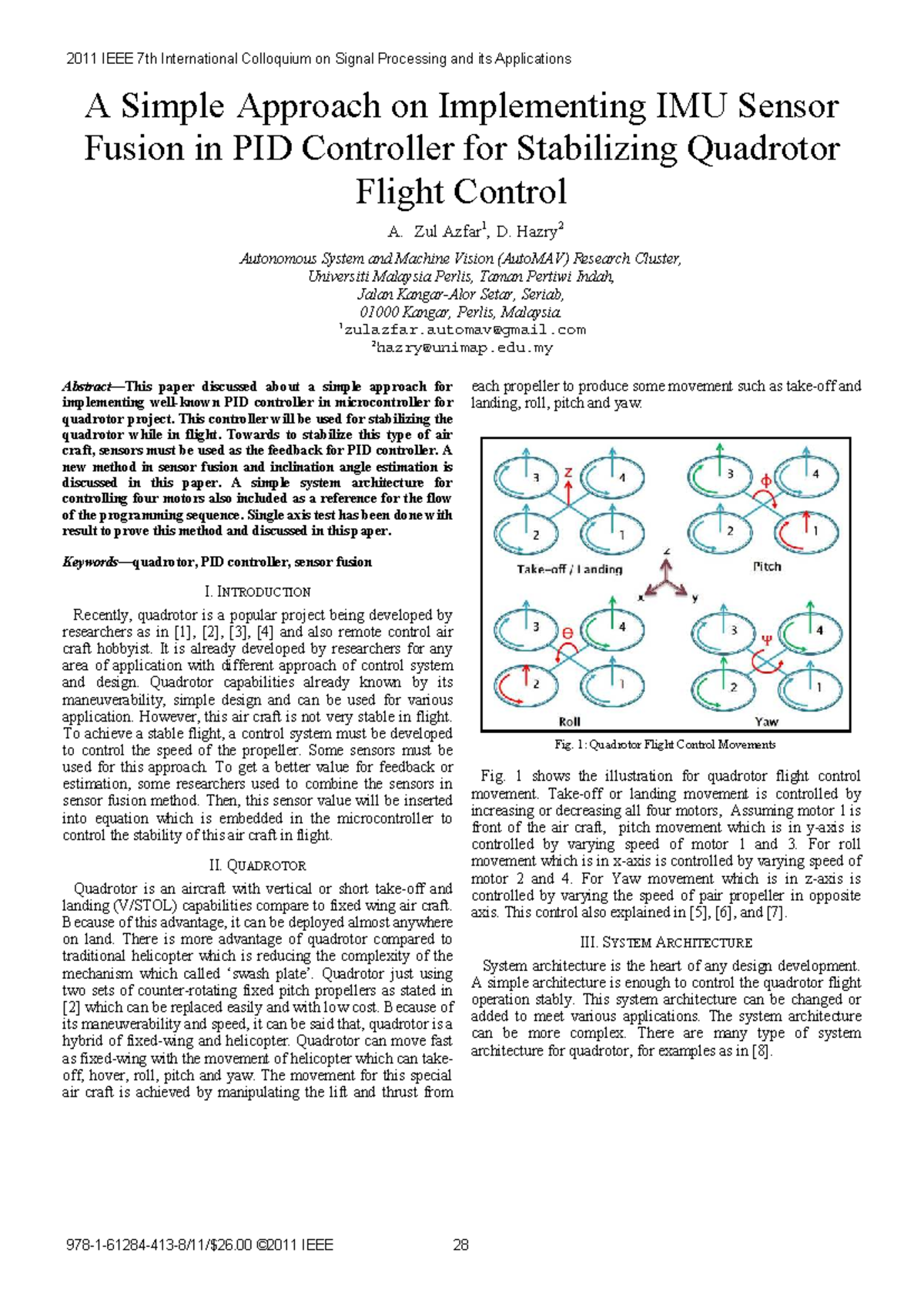 PID Control and IMU Sensor Fusion for Quadrotor Stabilization (2011 ...