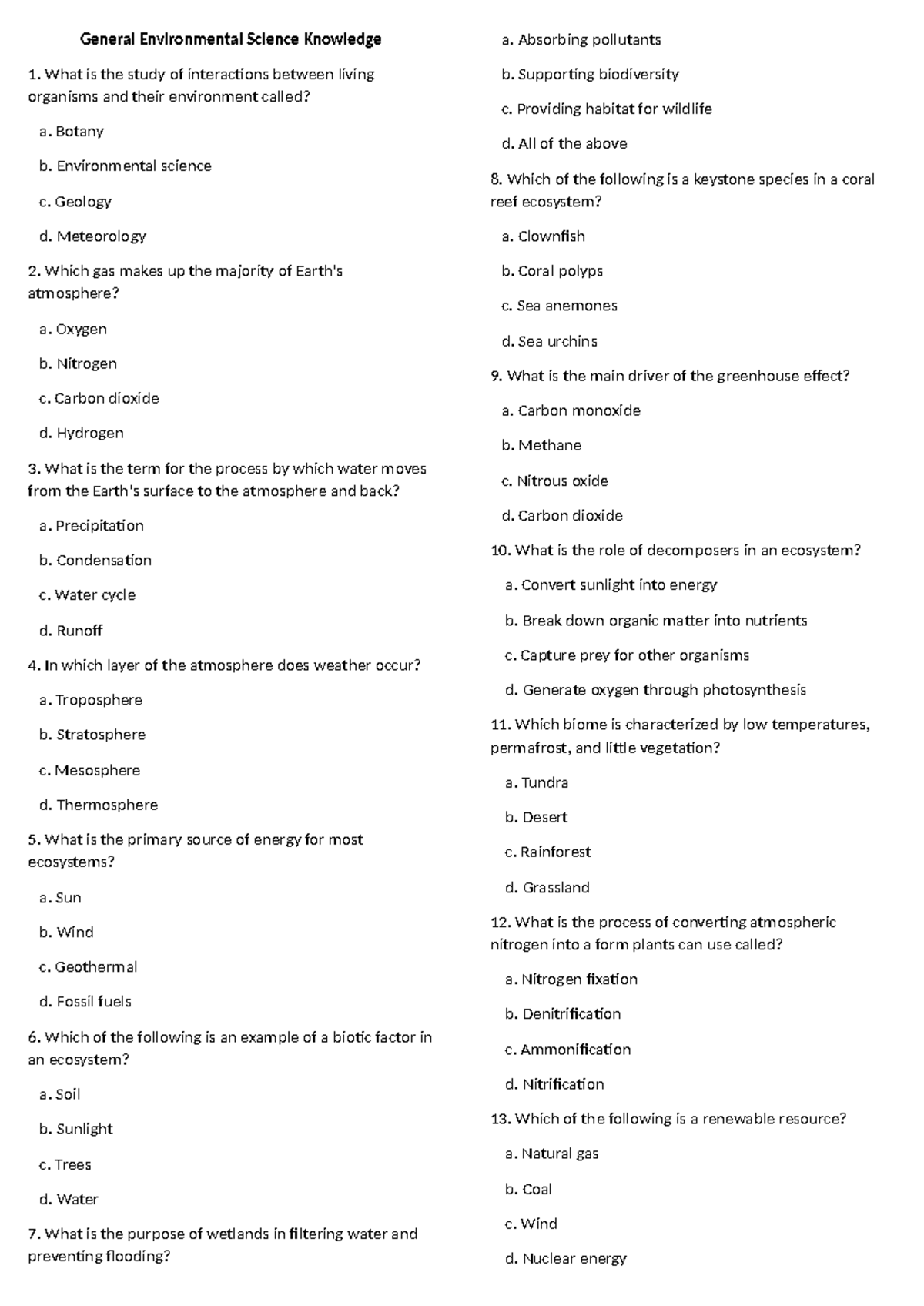 Environmental Science Quiz Part 1 - General Environmental Science ...