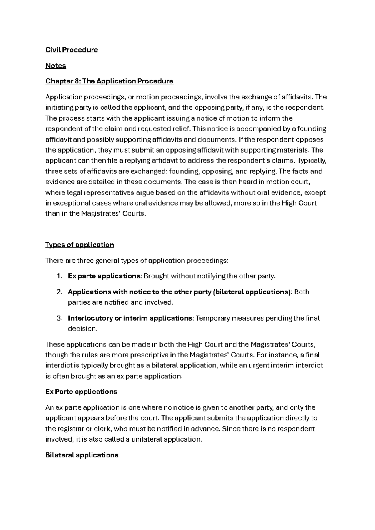 Civil Procedure (CIV 101) June Final Notes on Application Procedure ...