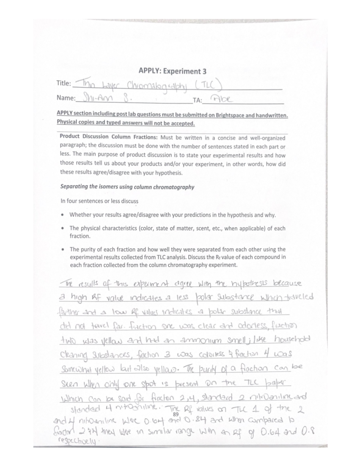 APPLY: Experiment 3 - Lab 3 Report on Thin Layer Chromatography (TLC ...