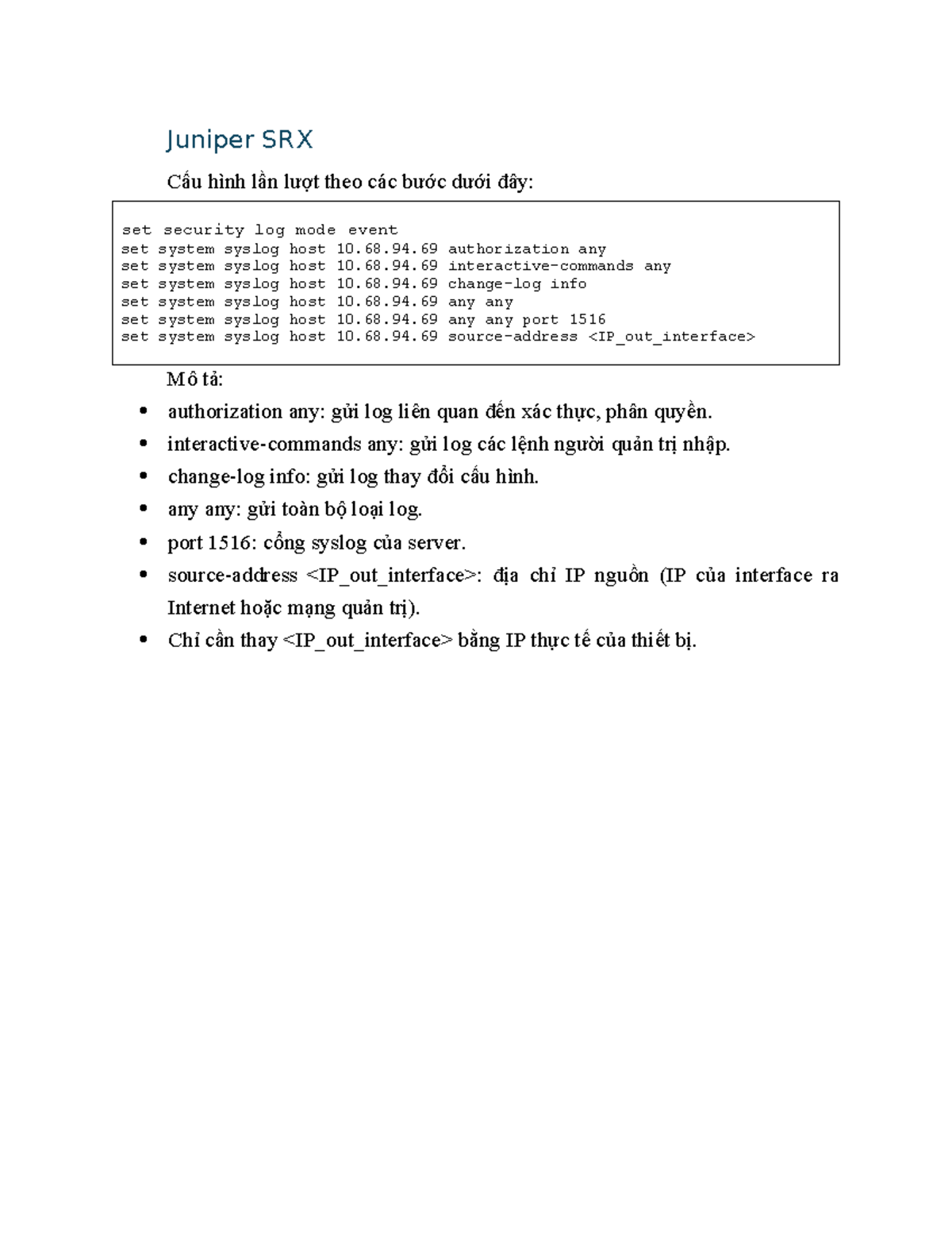 Tài liệu cấu hình log traffic Juniper SRX - Hướng dẫn chi tiết - Studocu