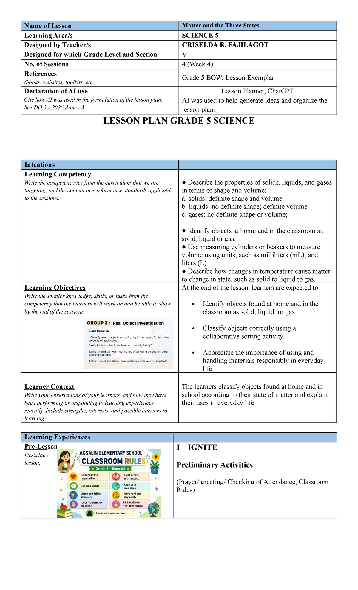 Lesson Plan for Grade 5 Science: Understanding Matter and Its States ...