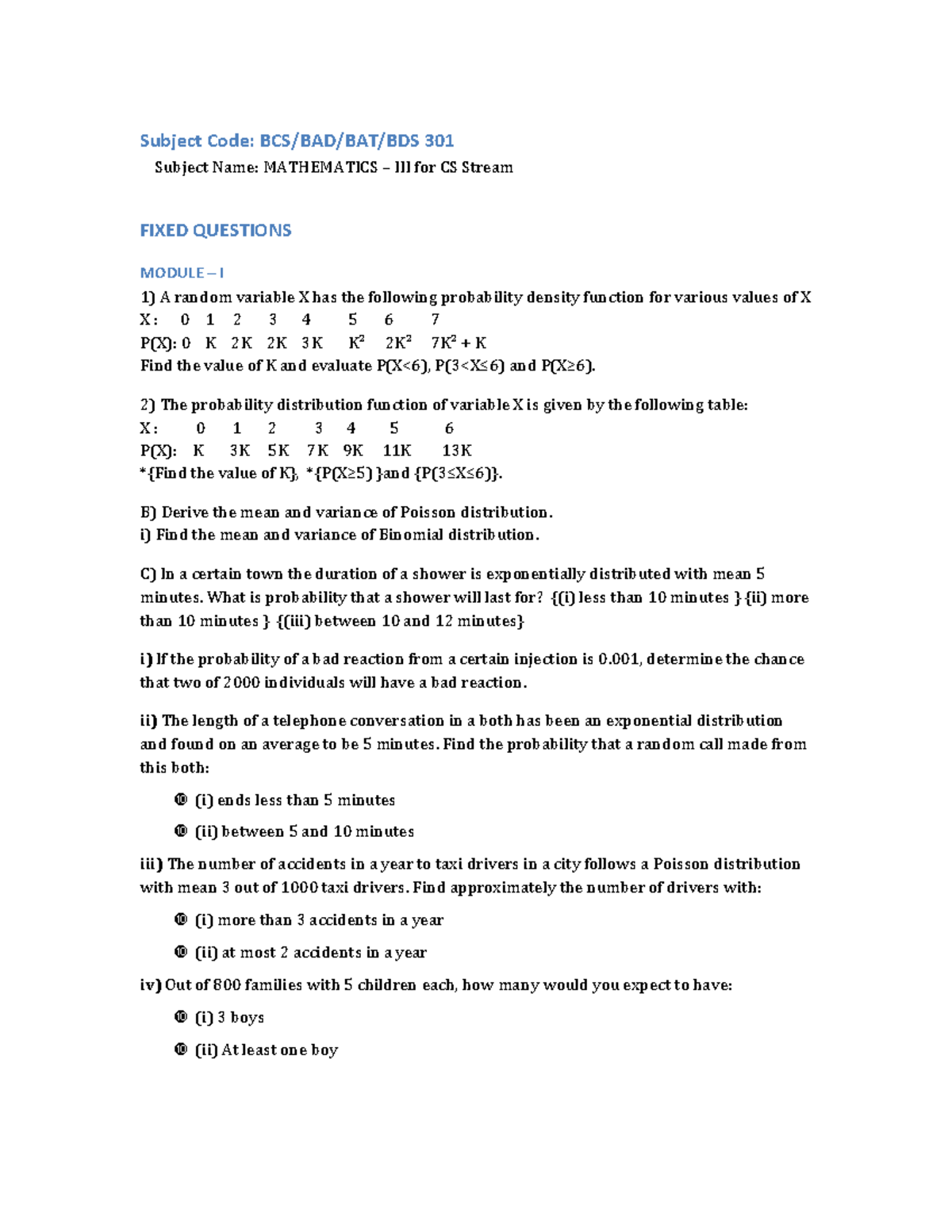 Mathematics III (301) Fixed Questions - Comprehensive Study Guide - Studocu