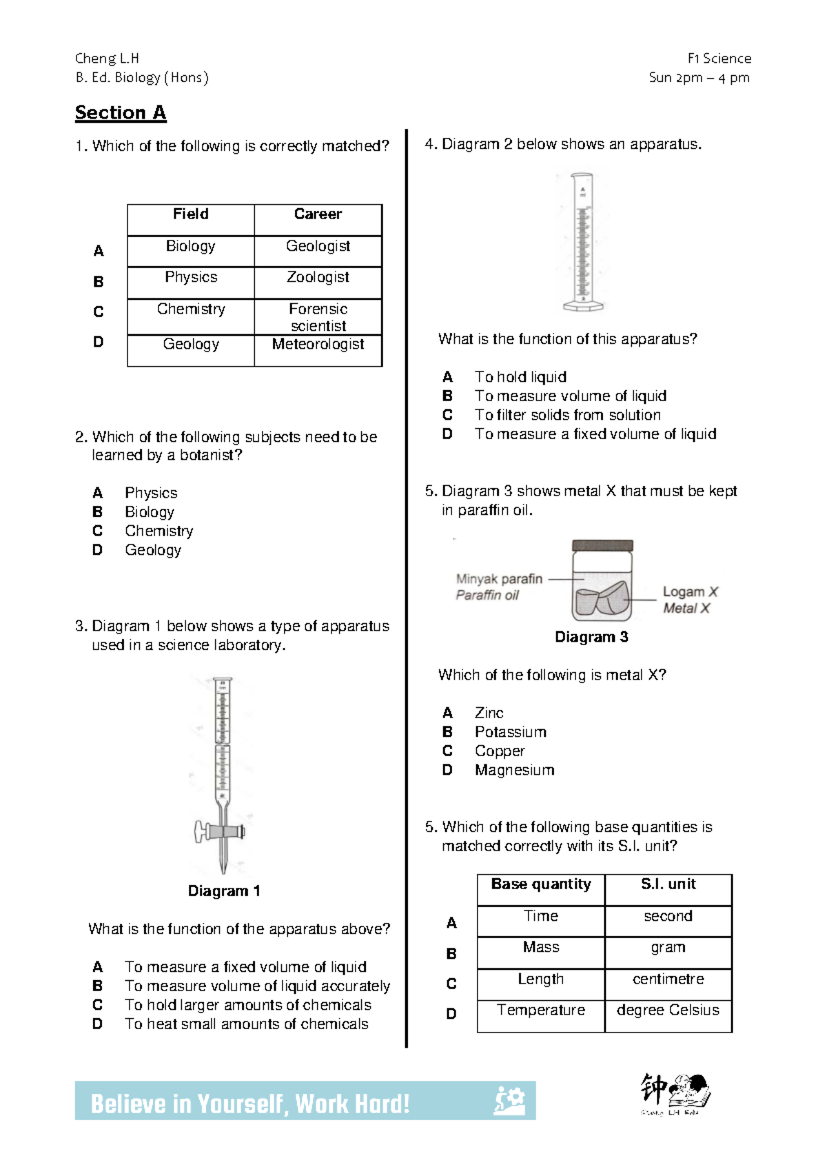 Chapter 1 Exercise: Science Questions for F1 Biology (Hons) - Studocu