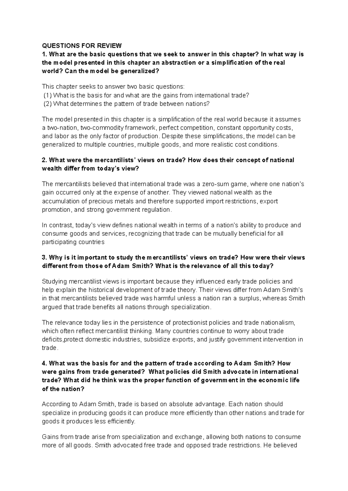 ECON 101: Trade Theories & Comparative Advantage Review Questions - Studocu