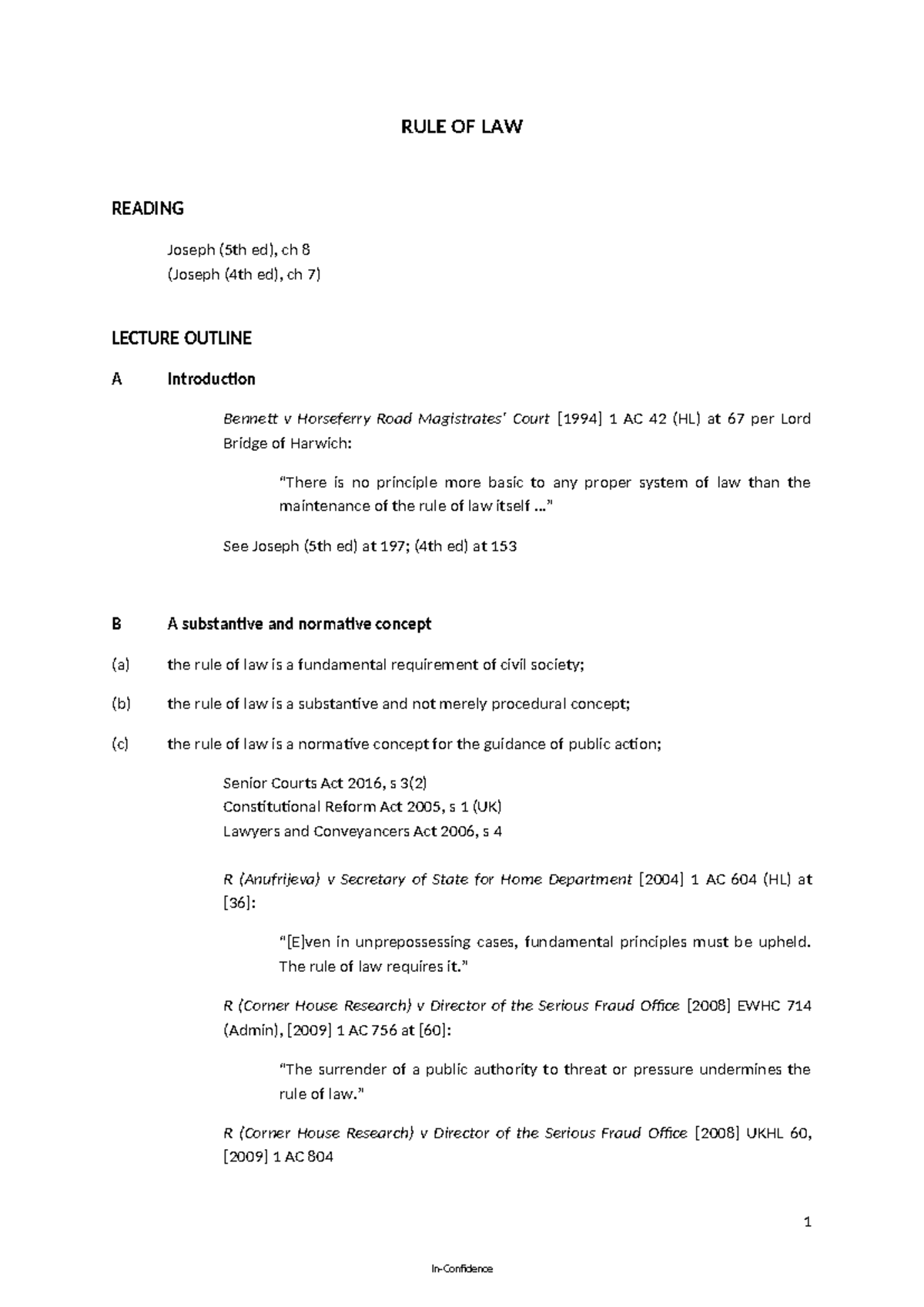 Rule of Law - Lecture Outline (Joseph 5th ed, Ch 8) 2025 - Studocu