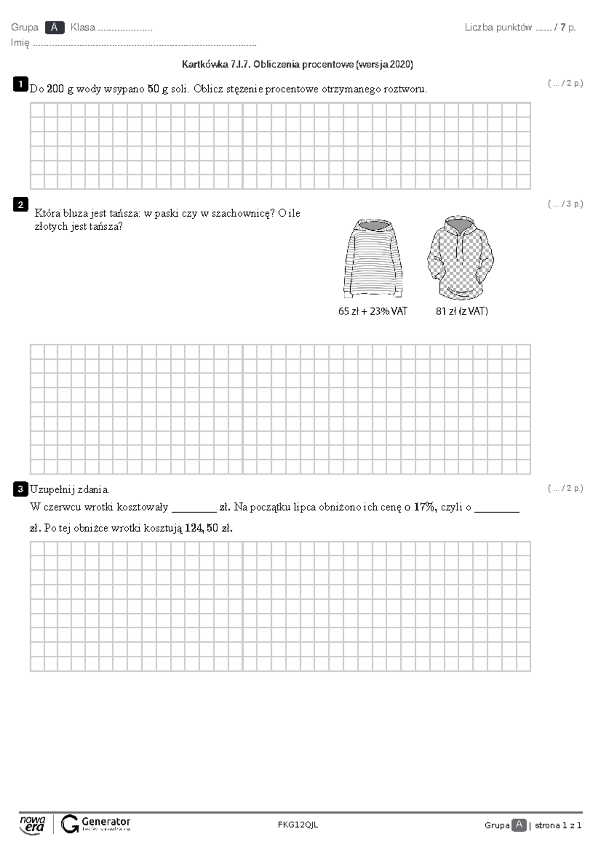 Sprawdzian Matematyka Klasa 7 Obliczenia Procentowe