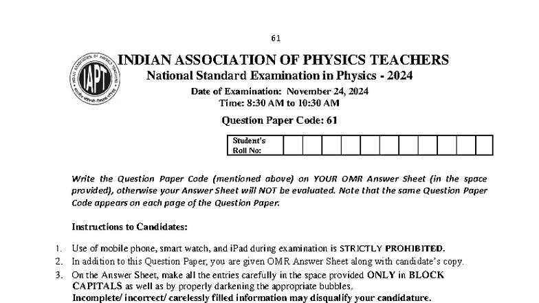 NSEP 2024 Set 61 - National Standard Examination in Physics - Studocu