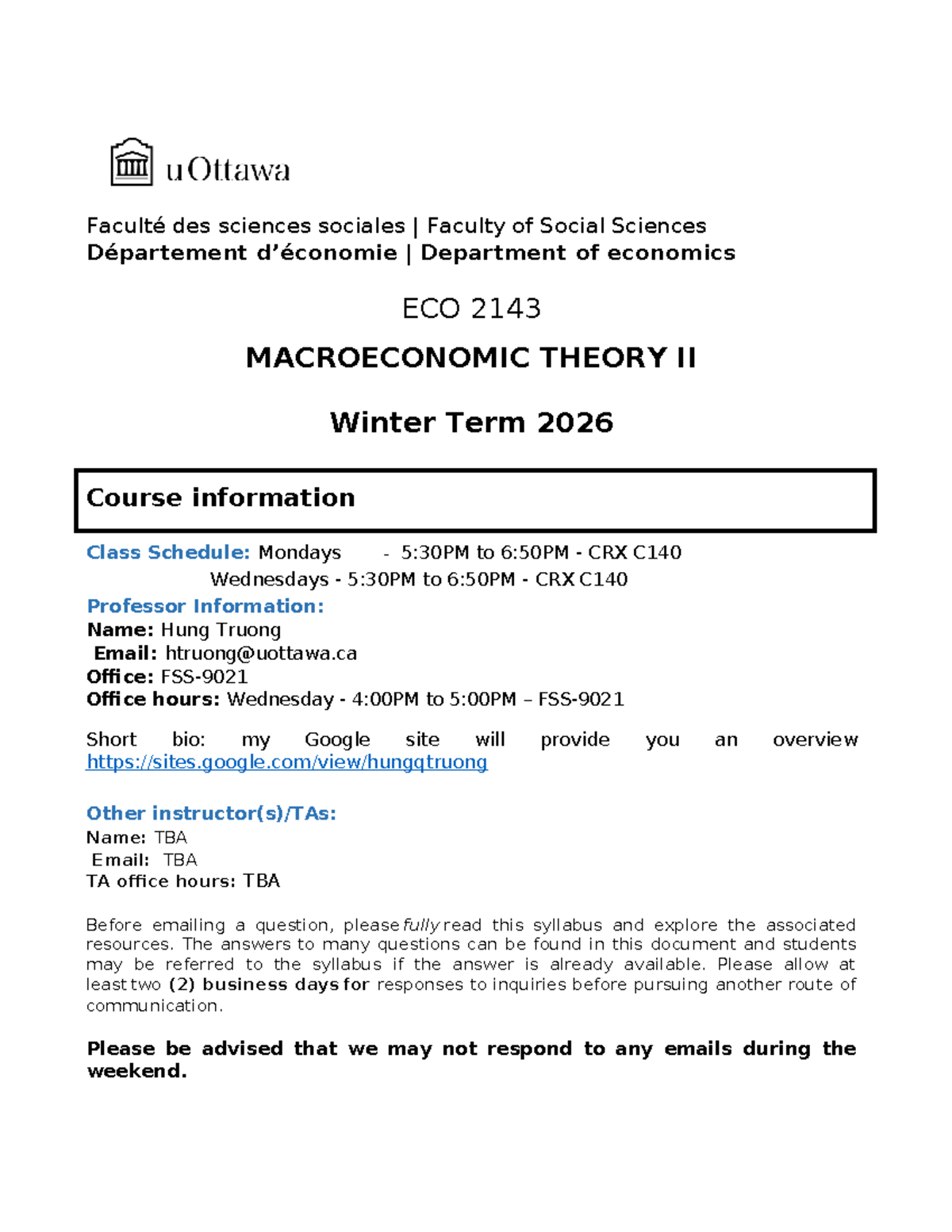 ECO 2143 W26 Macroeconomic Theory II Syllabus - Winter 2026 - Studocu