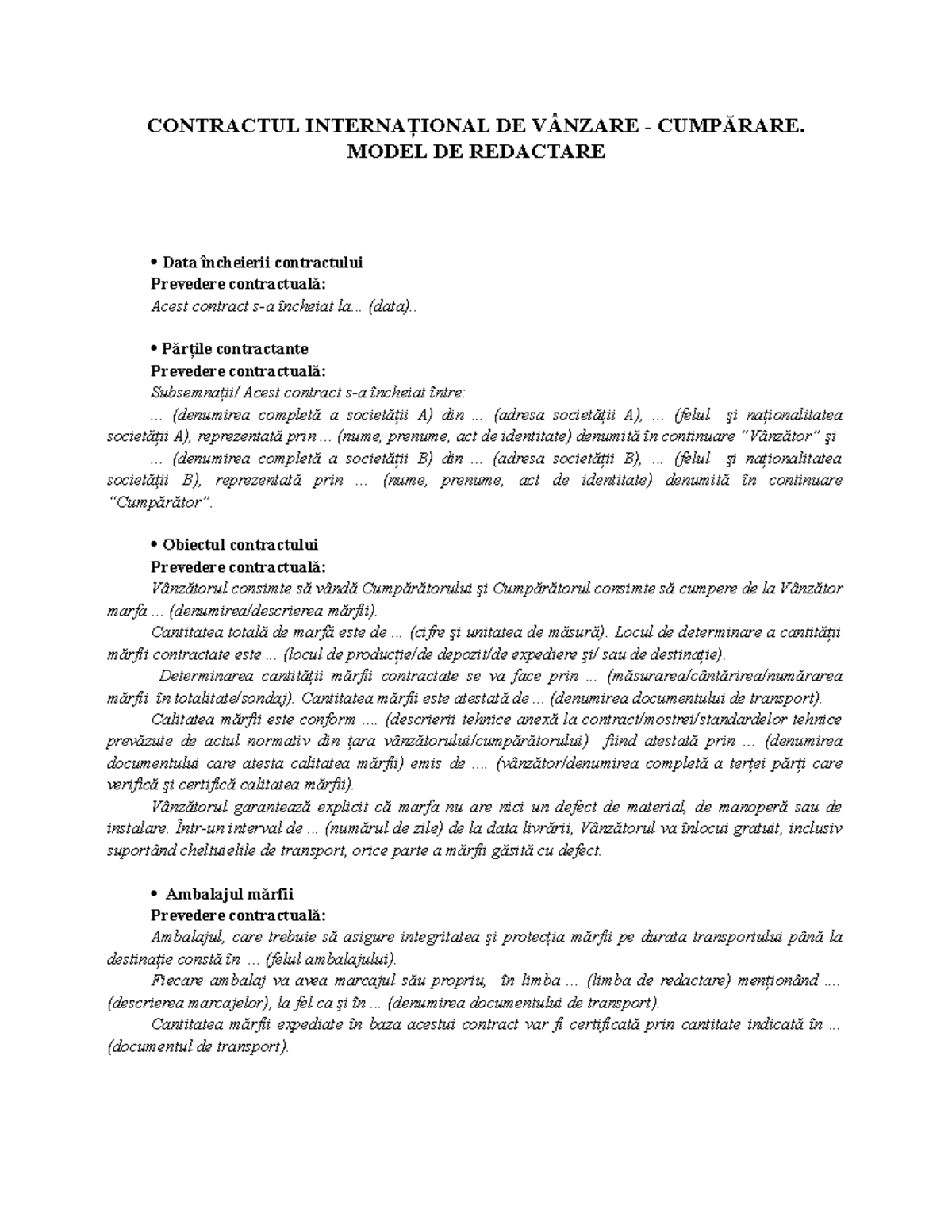 Model Contract Internațional de Vânzare-Cumpărare - Redactare Detaliată - Document Preview