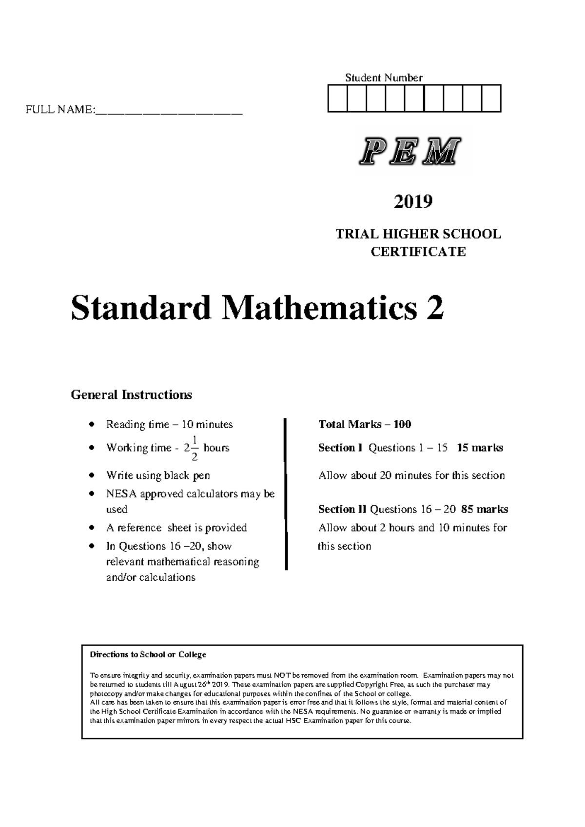 2019 HSC Standard Mathematics 2 Trial Exam Paper + Solutions - Studocu