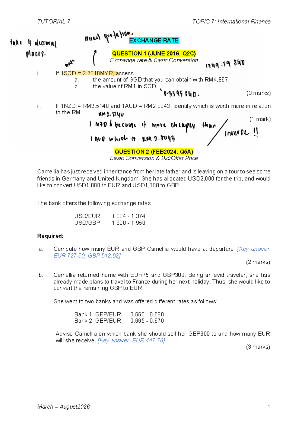 TUTORIAL 7: International Finance Exchange Rate Questions and Analysis ...