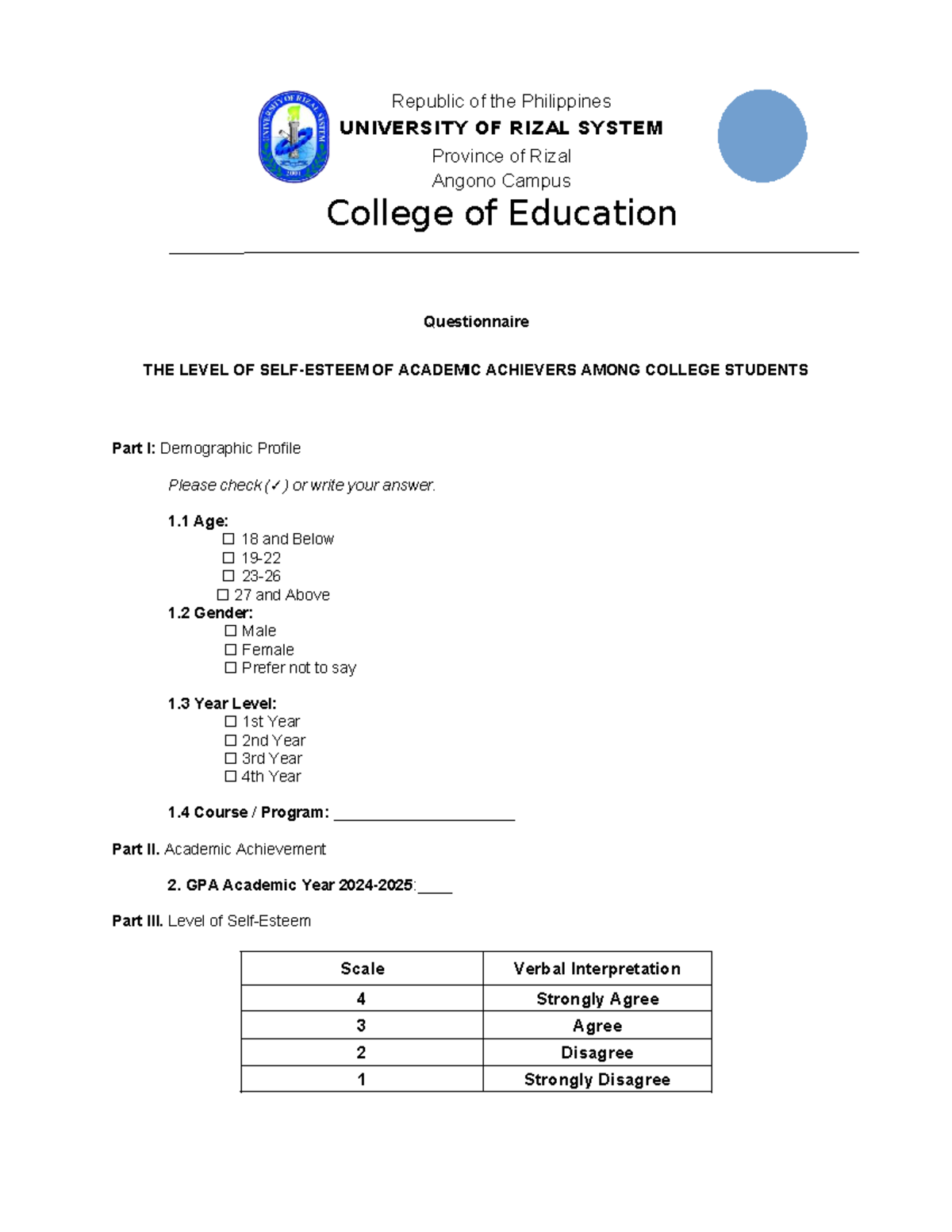 Questionnaire on Academic Achievers Among College Students - Studocu