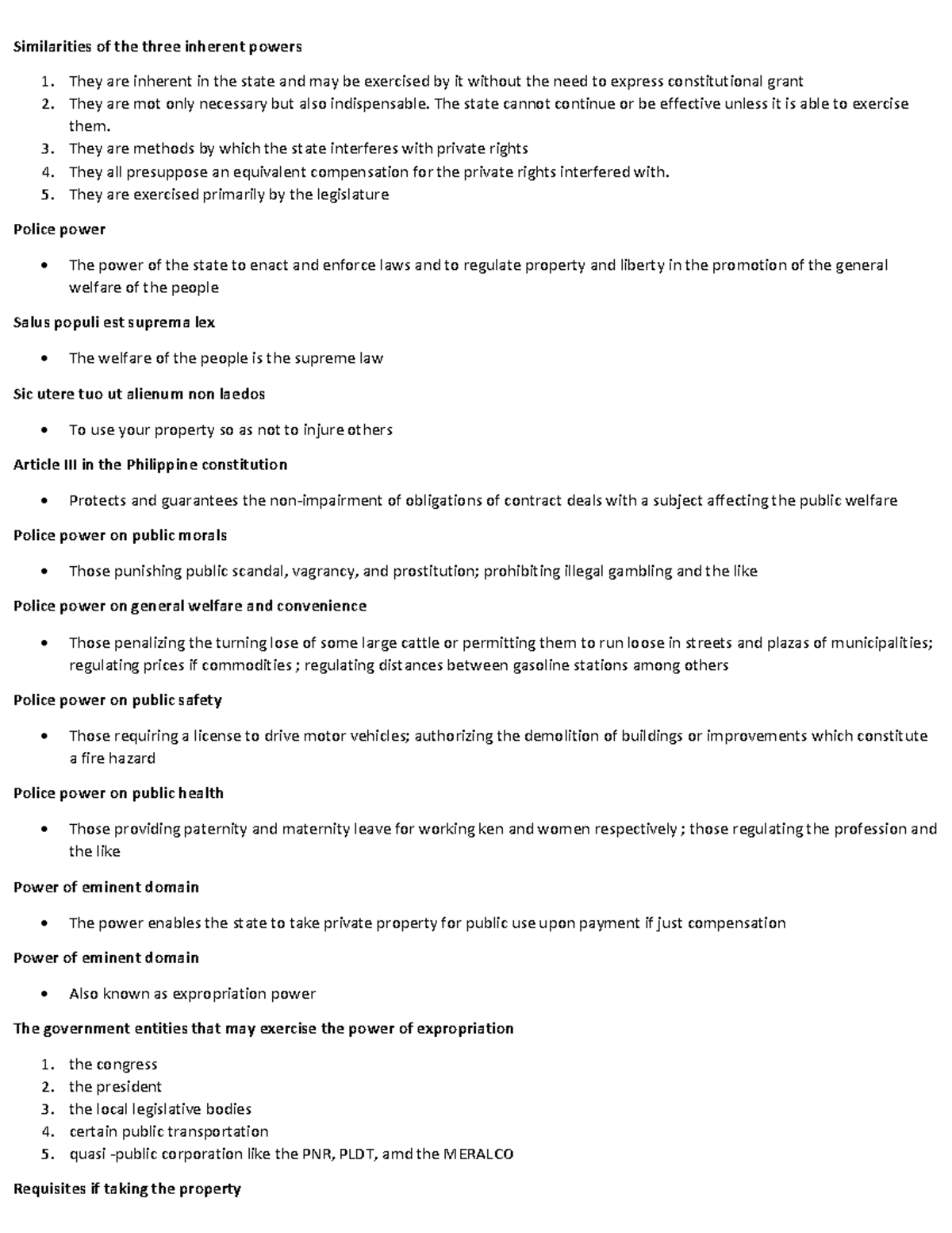 Inherent Powers of the State: Notes & Possible Q&A for LAW 101 - Studocu