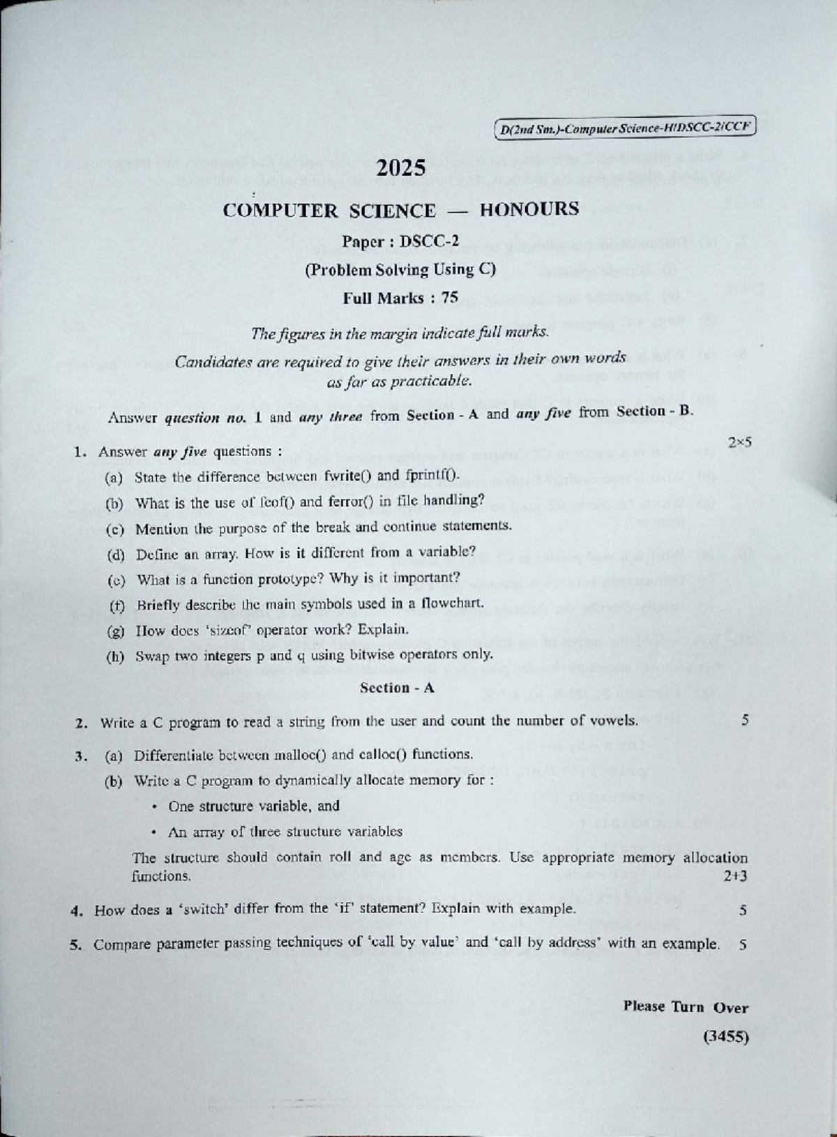 D(2nd 2025) COMPUTER SCIENCE HONOURS: Problem Solving Using C Exam ...