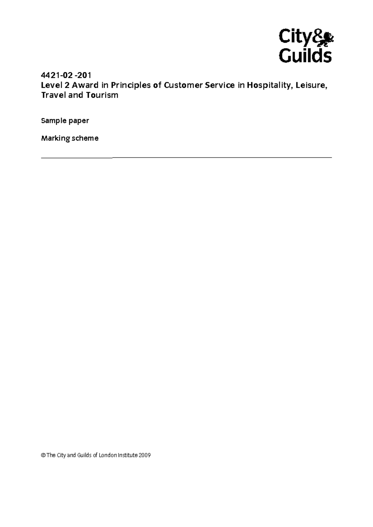 Level 2 Award in Customer Service in Hospitality Sample Paper Marking ...
