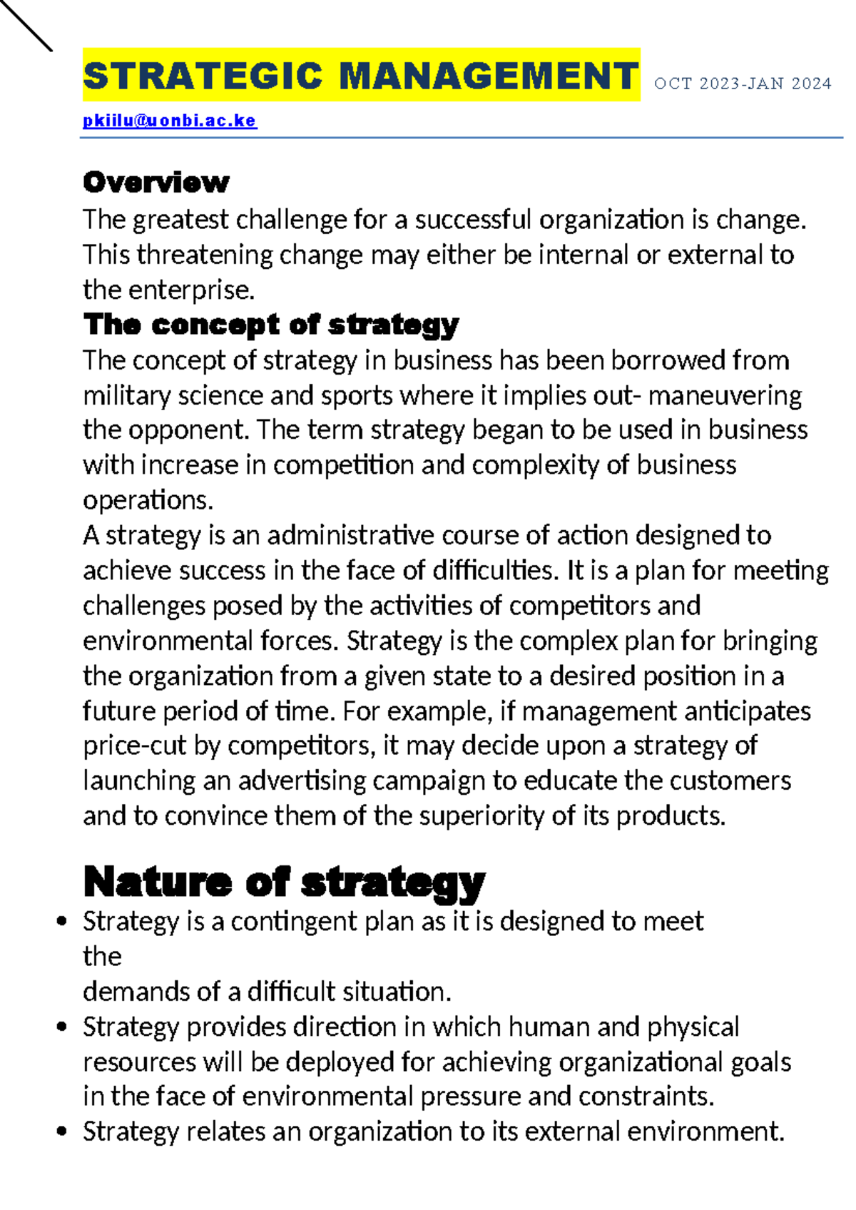 Strategic Management Notes Final 1 - STRATEGIC MANAGEMENT OCT 2023-JA N ...