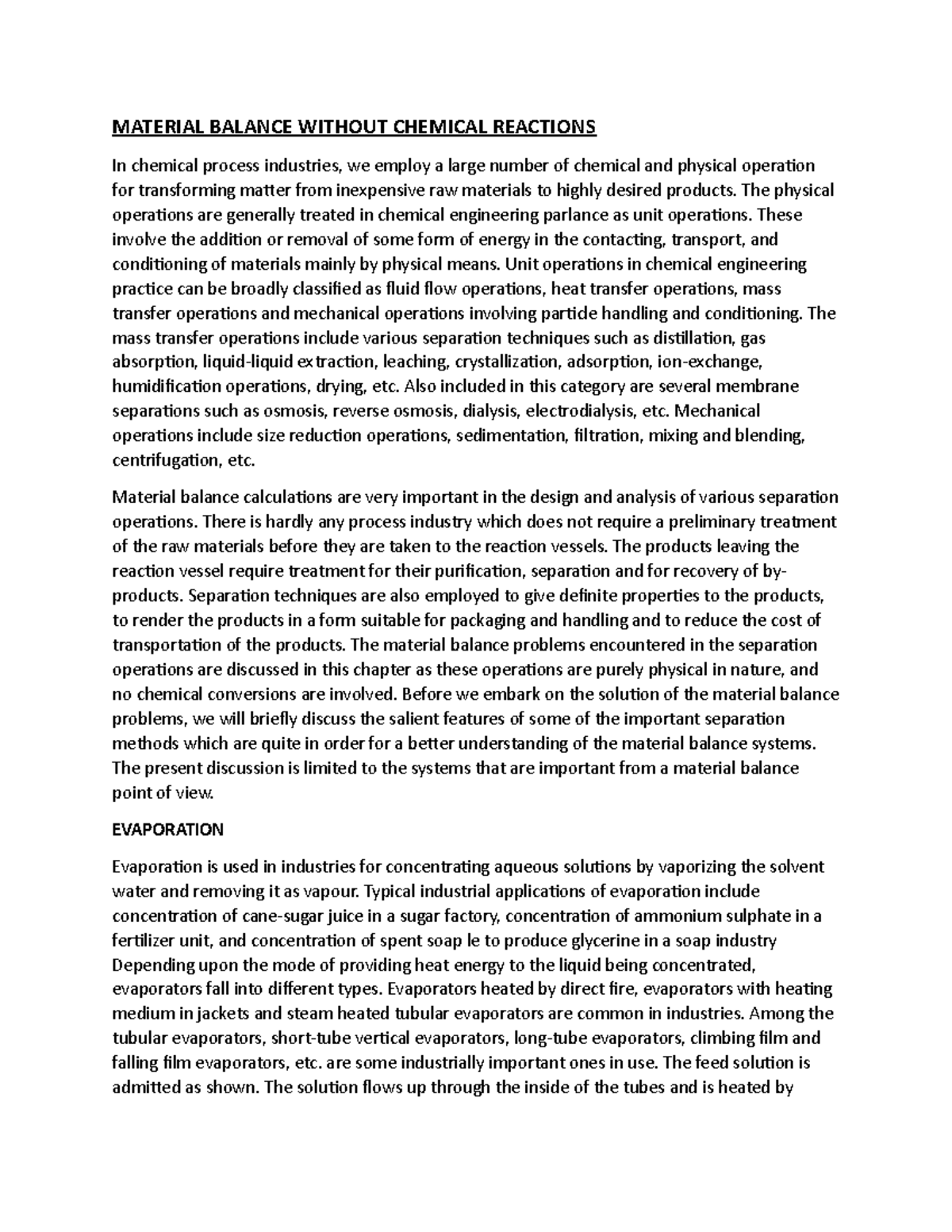Material Balance Concepts in Chemical Engineering: No Reactions - Studocu