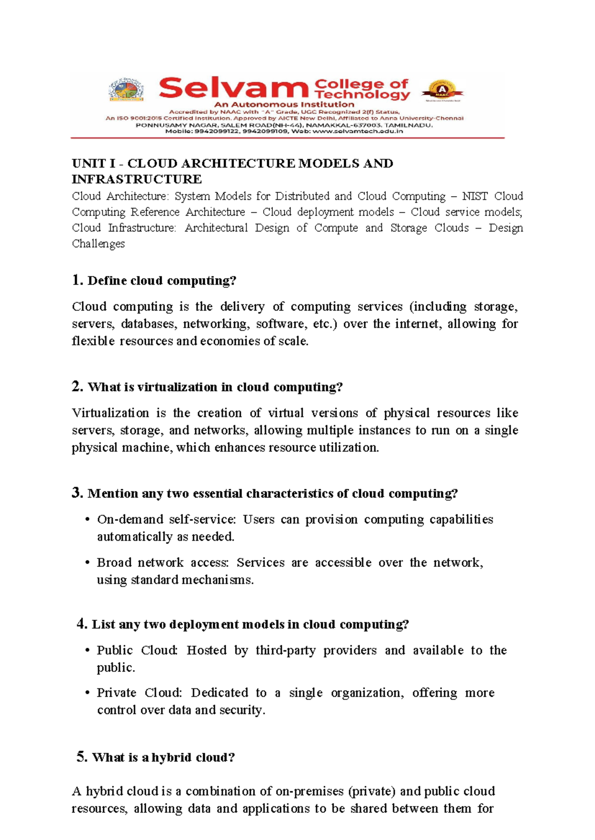 CLOUD101: Unit I - Cloud Architecture Models & Infrastructure Overview ...