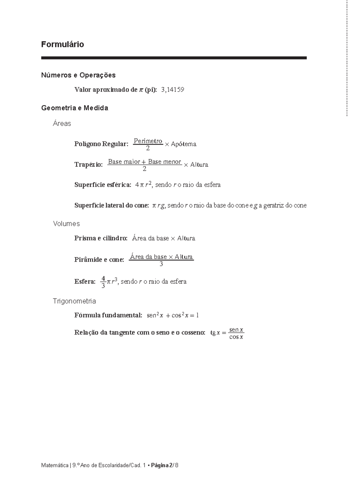 Formulário de Matemática para 9º Ano - Números, Geometria e ...