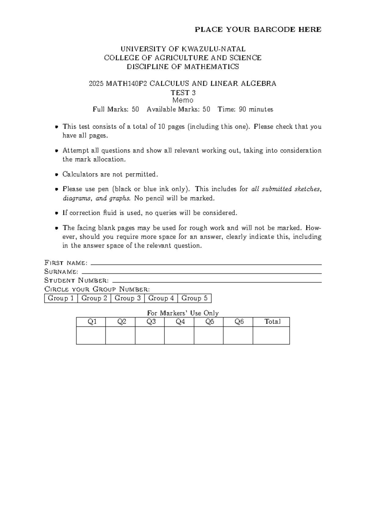 2025 MATH140 Test 3 Memo: Calculus & Linear Algebra Solutions - Studocu