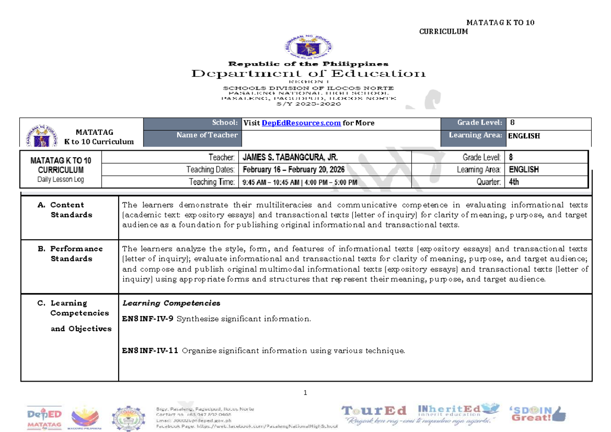 DTC DLL Matatag English 8 Q4 Week 4 Lesson Log - Studocu