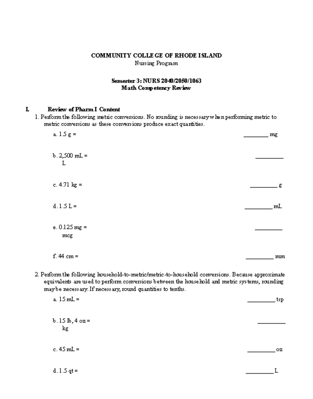 NURS 3: Math Competency Review for Nursing Program - Studocu