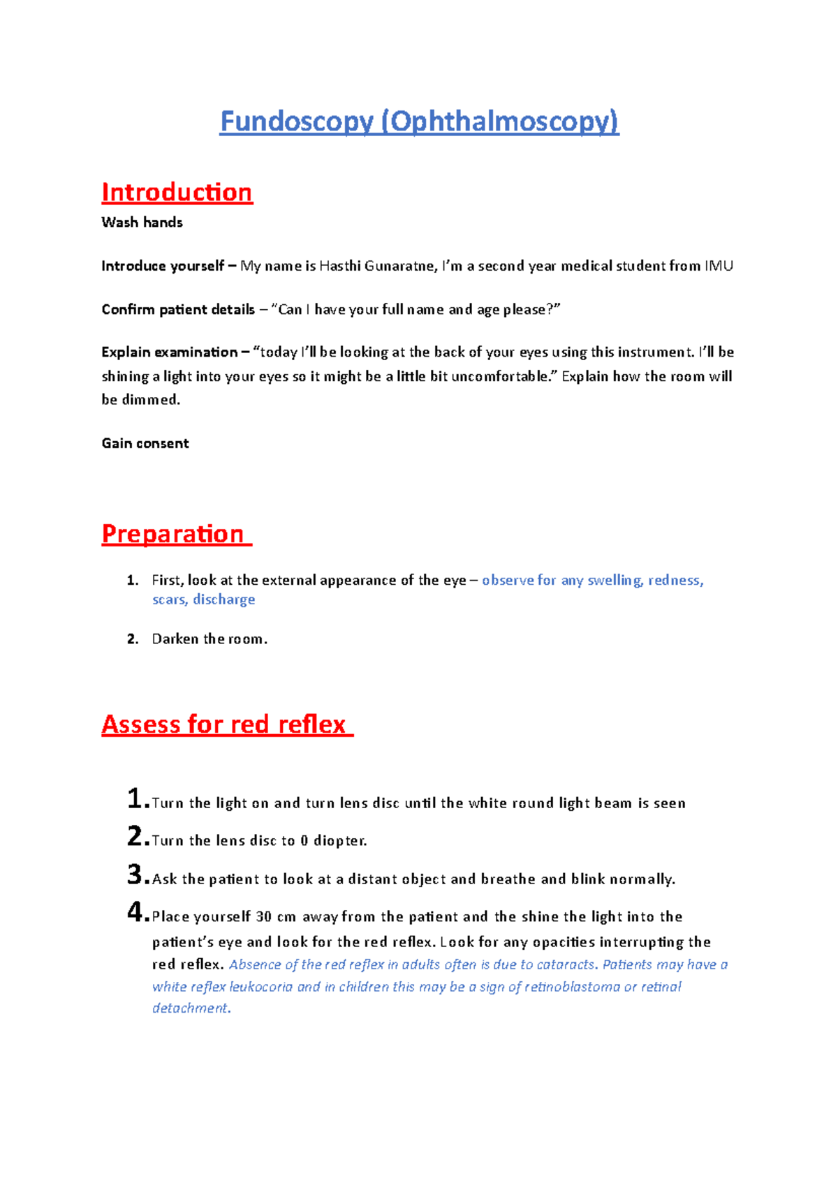 Fundoscopy OSCE: Comprehensive Guide for Physical Examination - Studocu