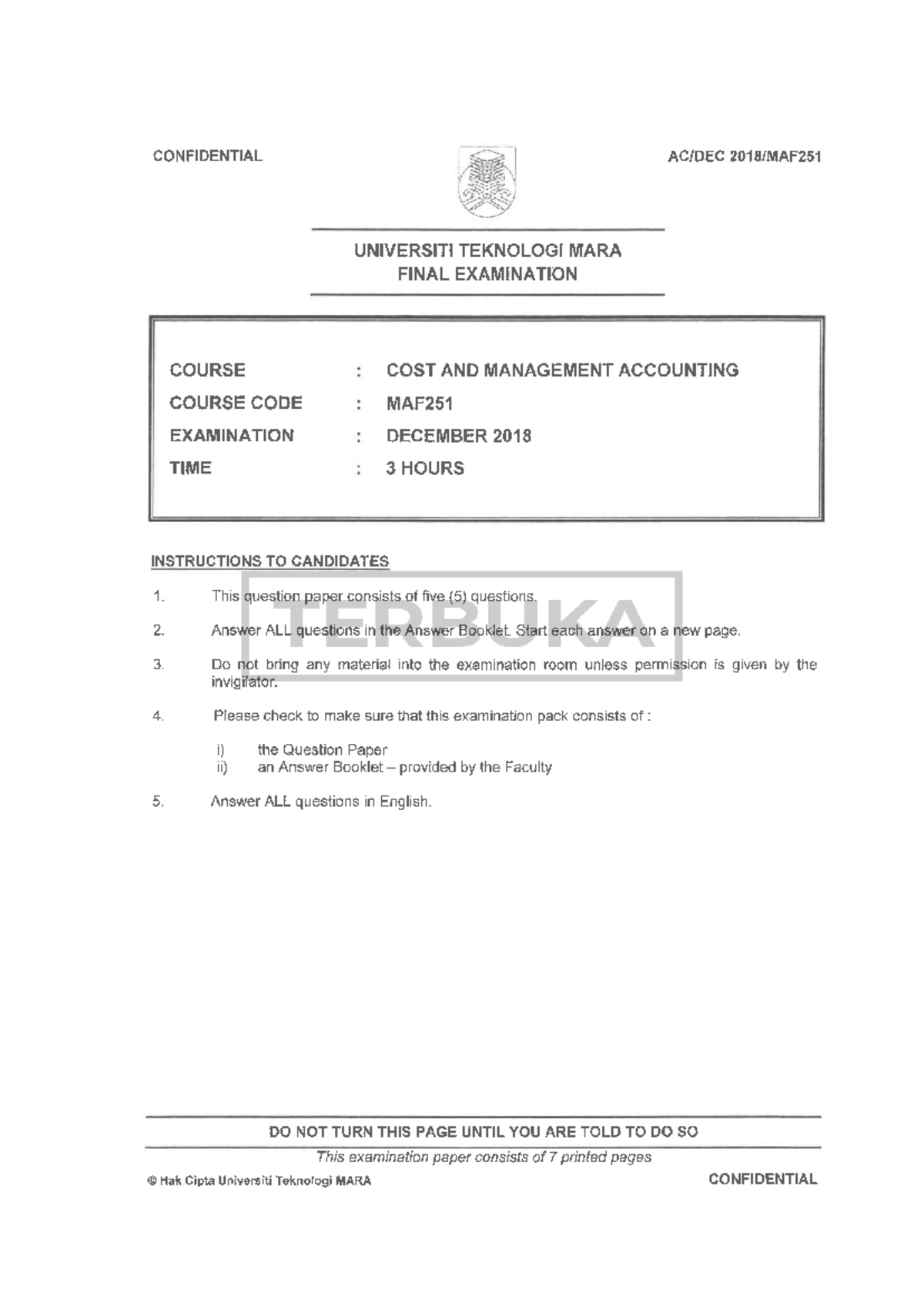 MAF251 Final Exam: Cost & Management Accounting December 2018 - Studocu