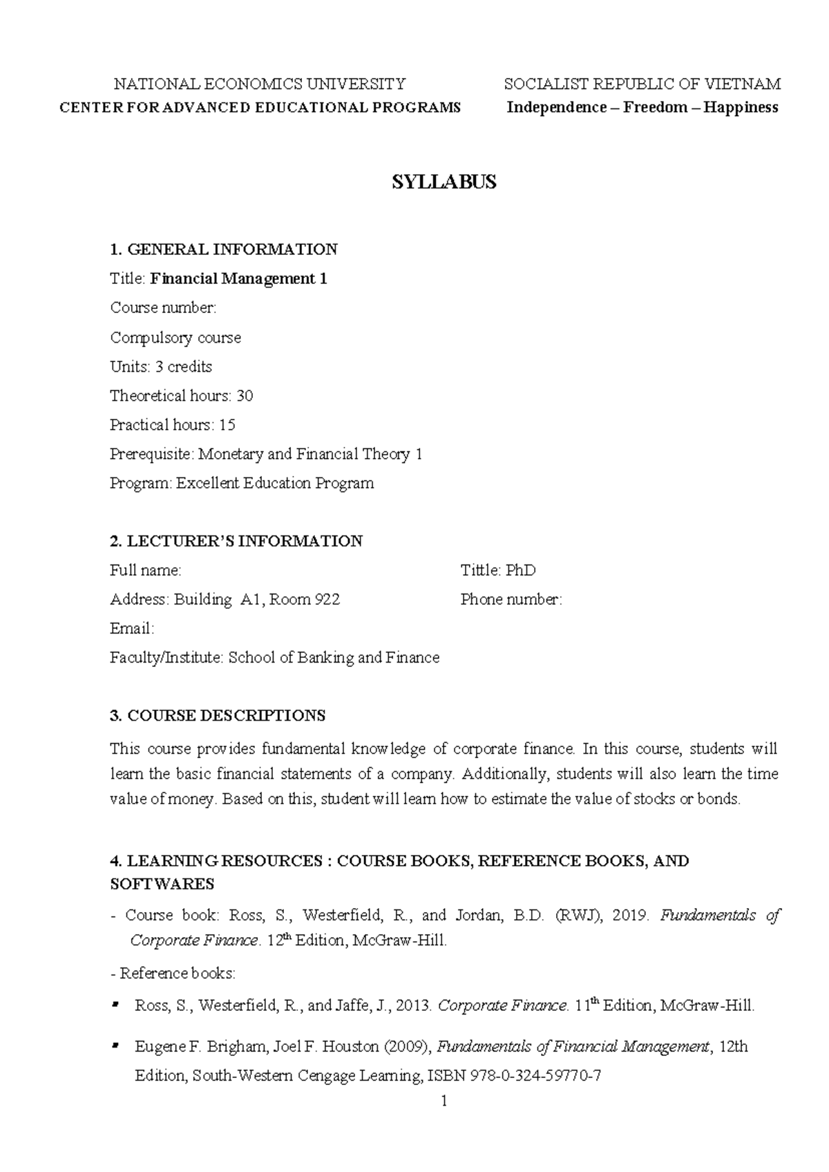 Syllabus for Financial Management 1 (FM1) - Course Overview and ...