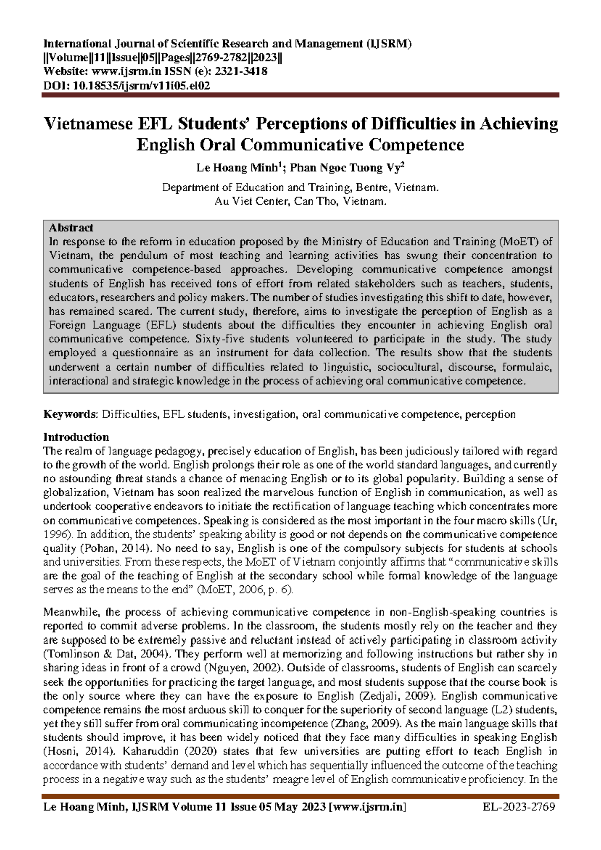 EFL Perceptions of Challenges in Achieving Oral Competence (IJSRM ...