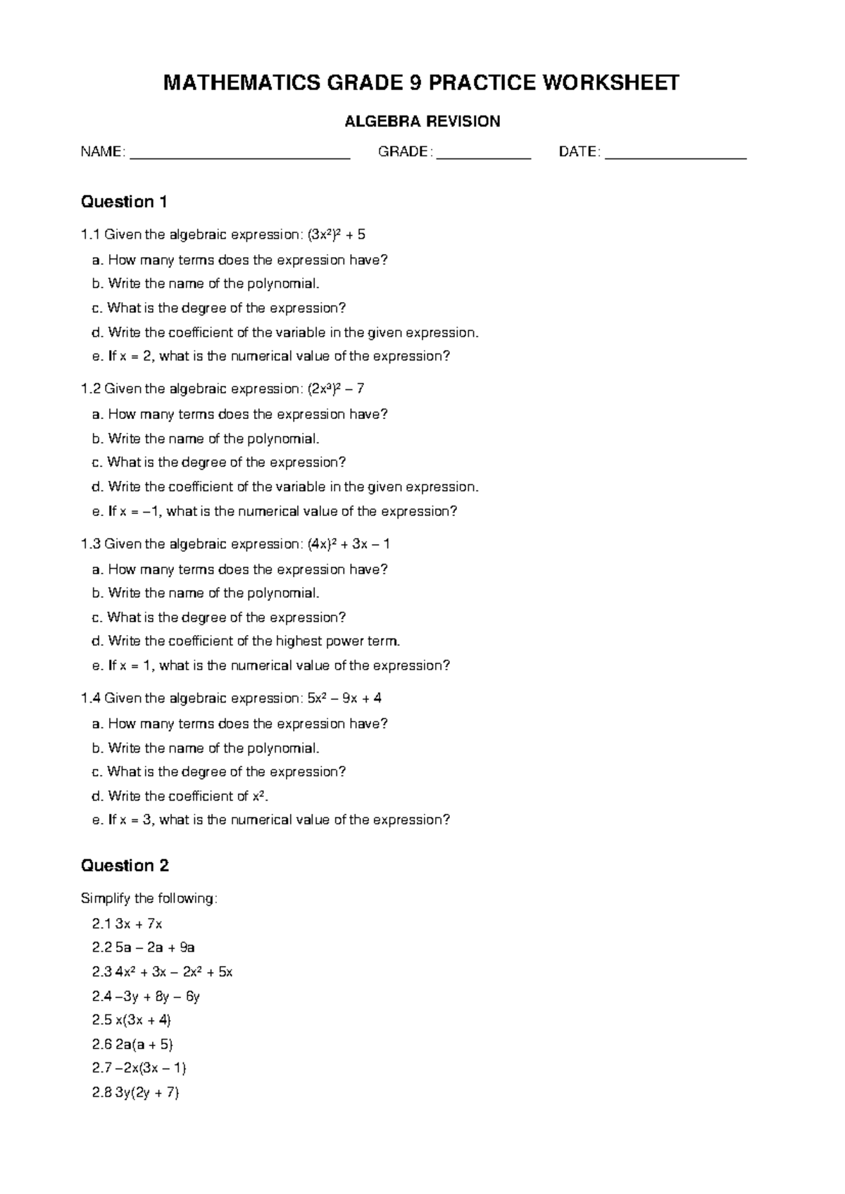 Grade 9 Mathematics Practice Worksheet: Algebra Revision - Studocu