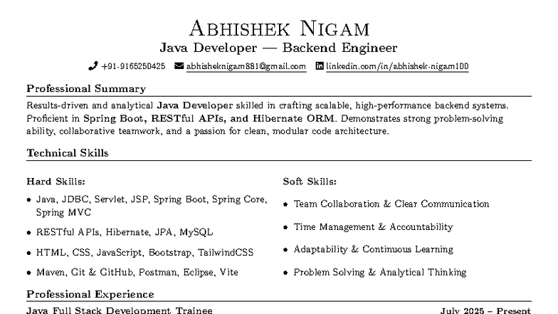 Java Developer Resume - Abhishek Nigam (Fresher) - Studocu