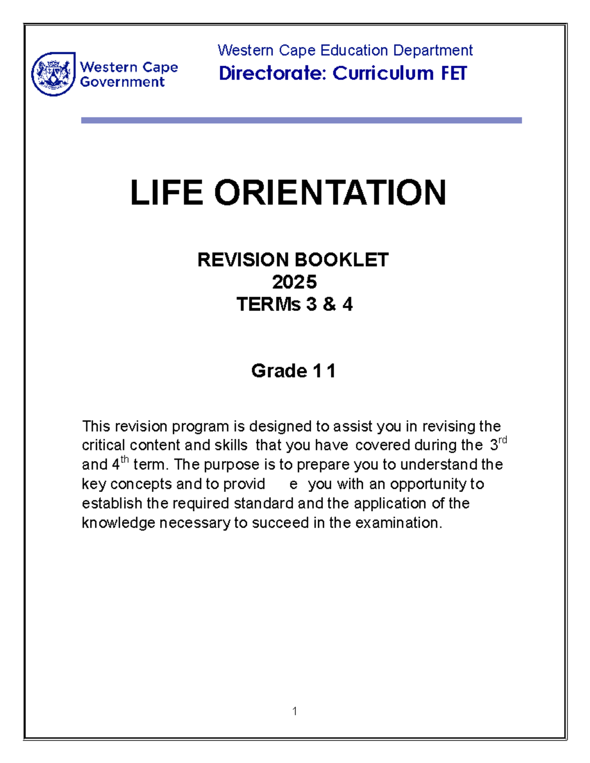 LO Revision Booklet 2025: Grade 11 Life Orientation Terms 3 & 4 - Studocu