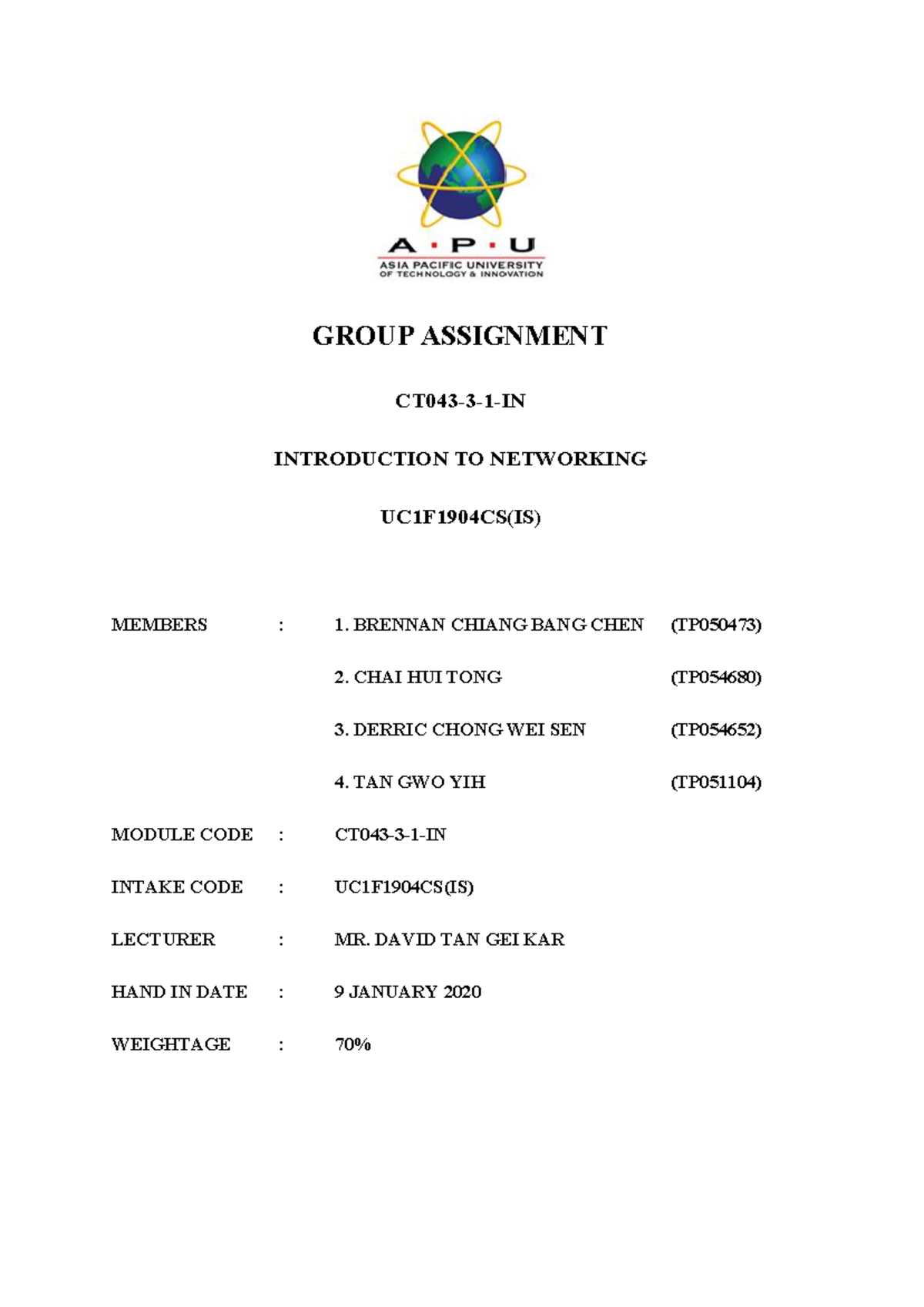 CT043-3-1-IN Group Assignment: Introduction to Networking Overview ...
